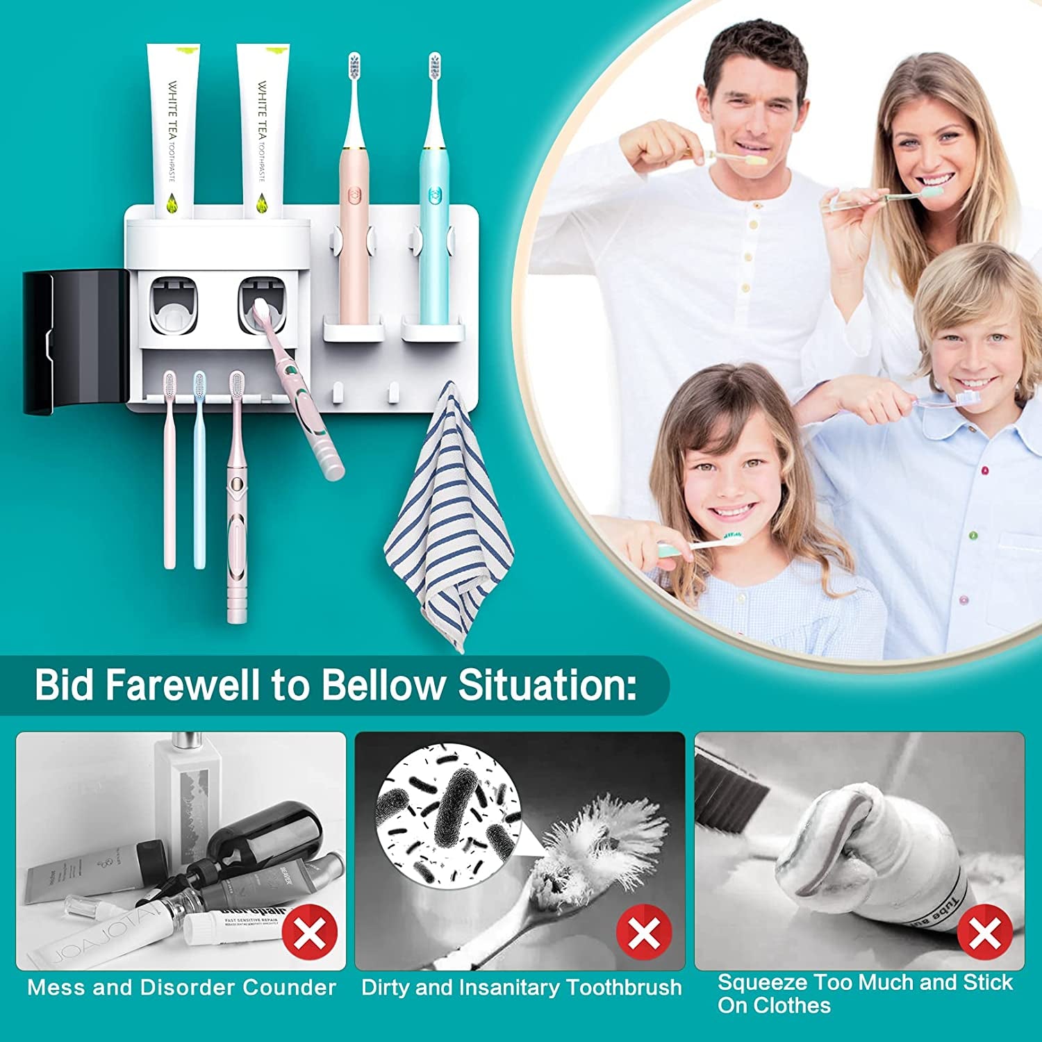 Wall-Mounted Toothbrush Holders with Double Automatic Toothpaste Dispenser, Dust-Proof Cover, 2 Toothpaste Squeezers, 2 Electric Toothbrush Holders, and 4 Toothbrush Organizer Slots.