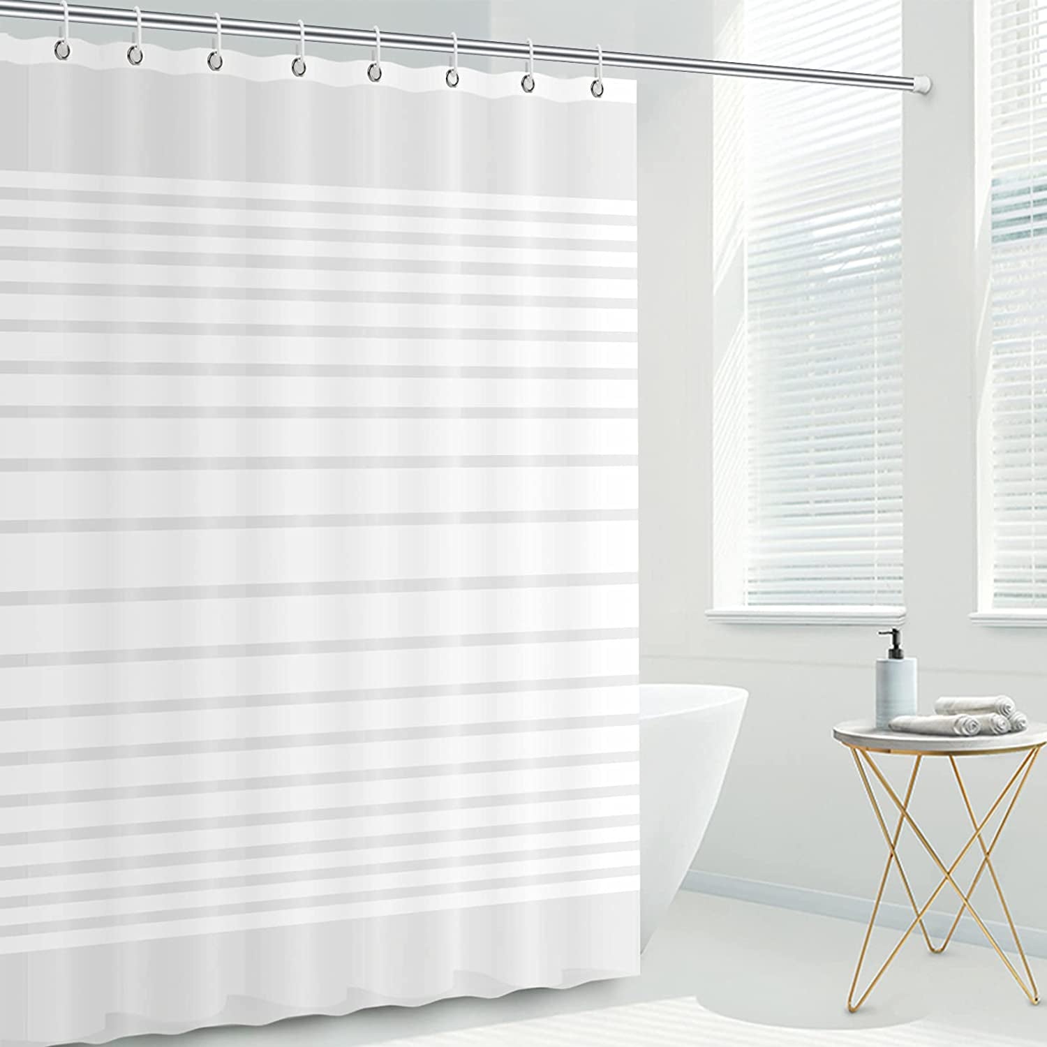Mildew Resistant Shower Curtain Liner - Measures 72 x 72 Inch - Made of Heavy Duty Waterproof PEVA Material - Features Rust-Resistant Metal Grommets - Comes with 12 Plastic Hooks - Stripe Design - Ideal for Thick Bathroom Shower Curtain Liner.