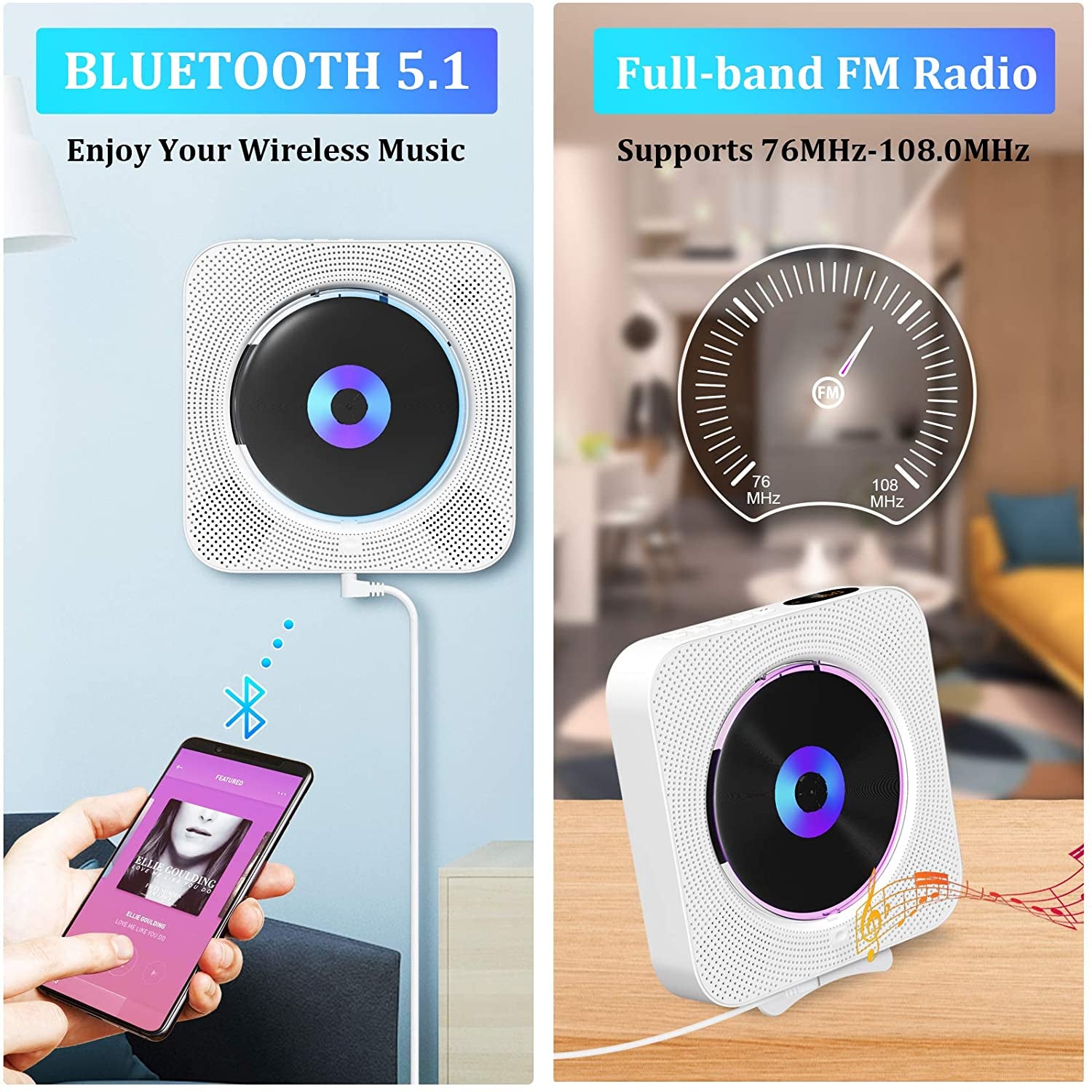 Portable CD Player with Bluetooth - Wall Mountable CD Music Player designed for home audio. Features include a Remote Control, FM Radio, Built-in HiFi Speakers, MP3 Compatibility, Headphone Jack, and AUX Input/Output.