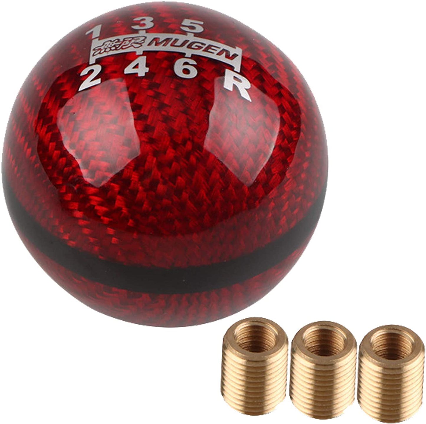 6-Speed Red Manual Gear Shift Knob Ball with Carbon Fiber and Weighted Aluminum Structure - Compatible with Most Automatic and Manual Vehicles, Includes 3 Pure Copper Adapters