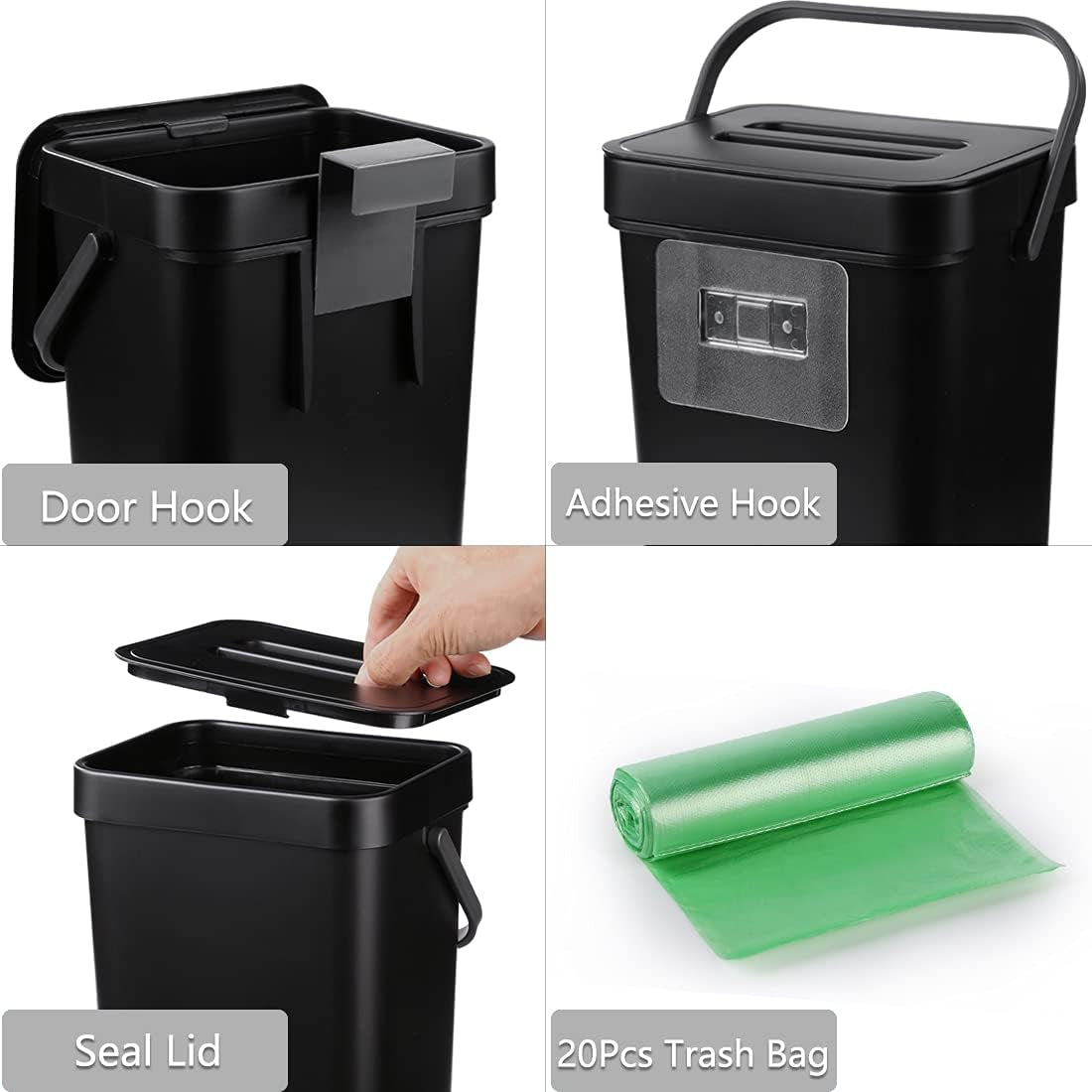 1.3 Gallon Kitchen Compost Bin: Countertop Compost Container with Sealed Lid, Designed for Under Sink Hanging, Mountable Compost Bucket, Odor-Free Solution for Kitchen, Bathroom, and RV Use - Black Color.