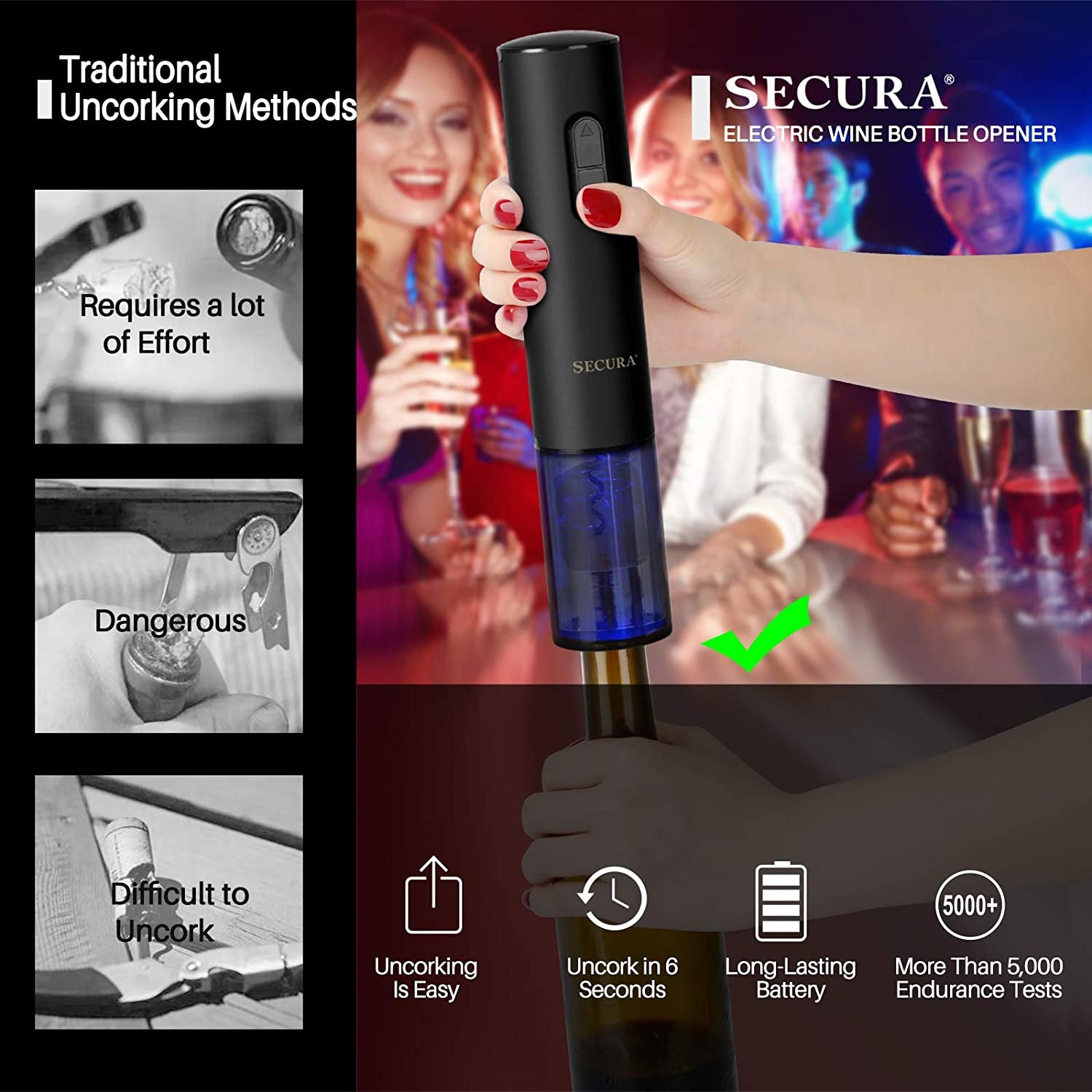 Rechargeable Automatic Electric Wine Bottle Corkscrew Opener with Foil Cutter (Black)