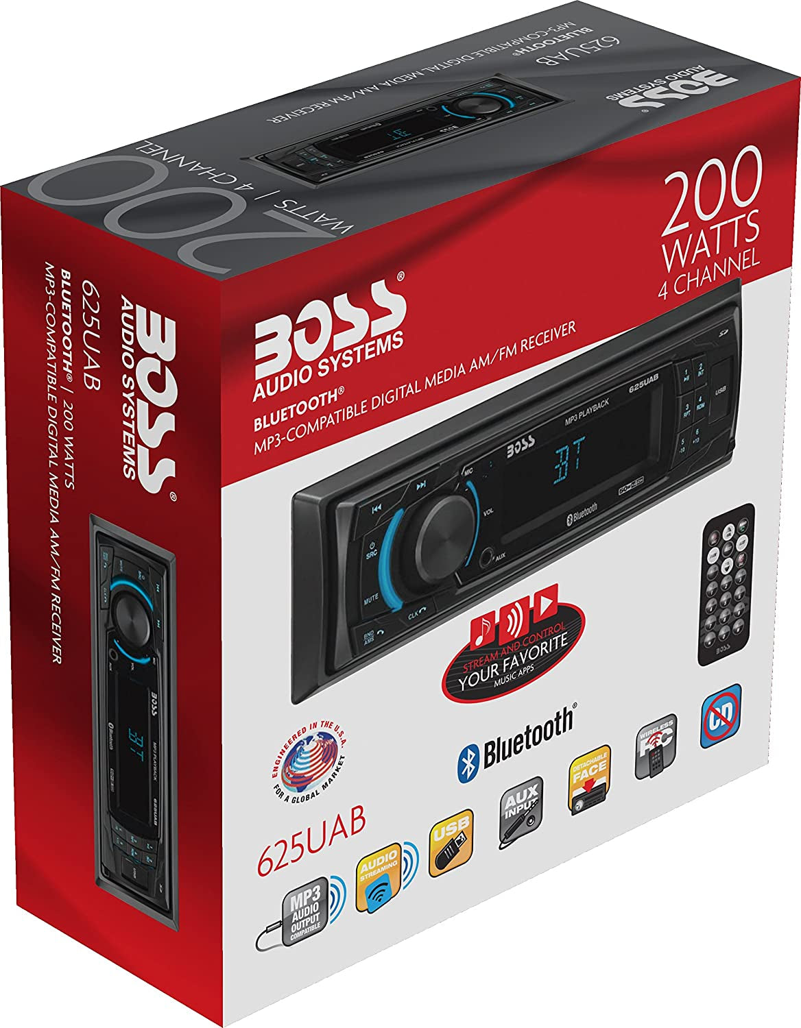 AUDIO 625UAB Single-DIN MECH-LESS Receiver - Features Bluetooth, Detachable Front Panel, and includes a Wireless Remote for convenience.