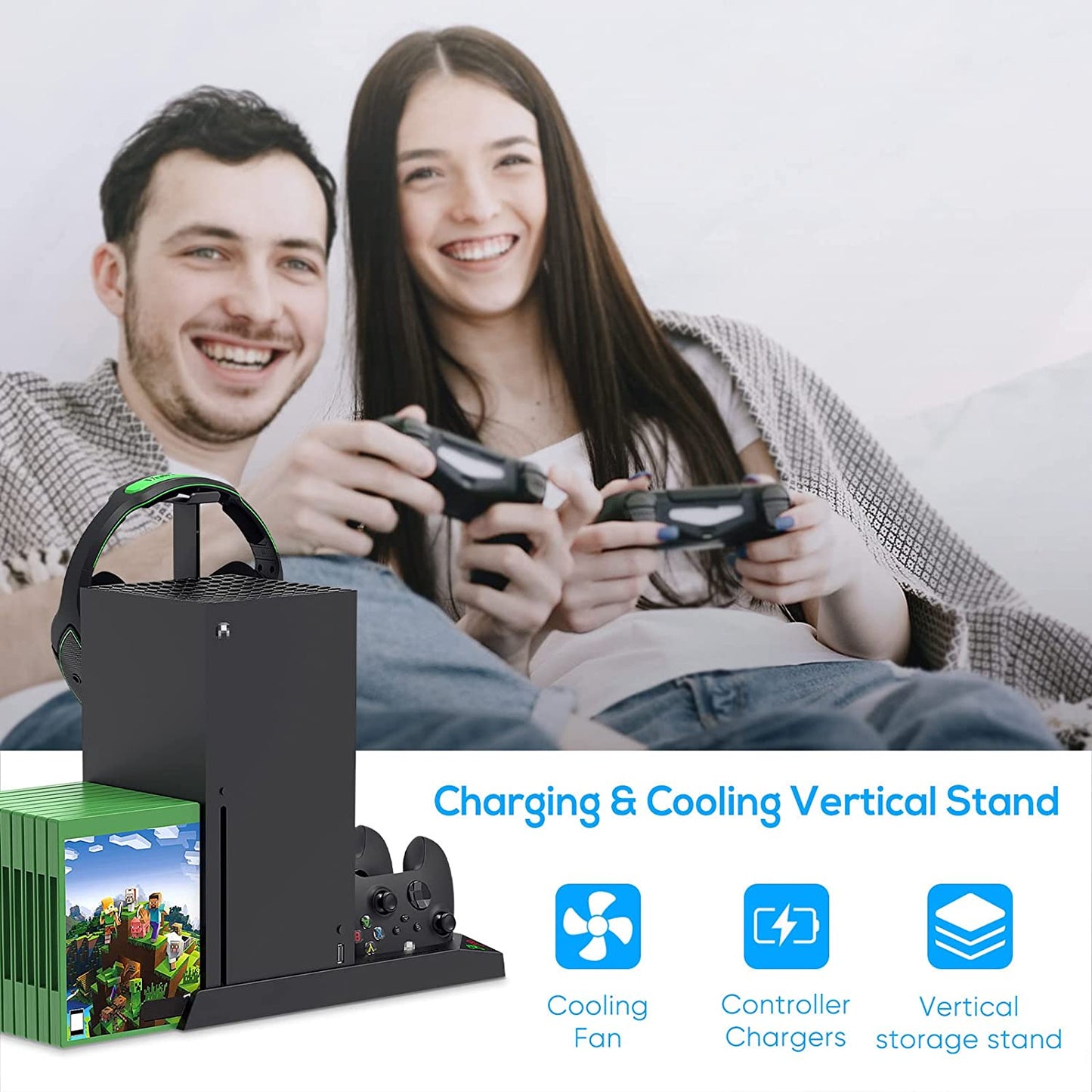 Vertical Charging Stand with Cooling Fan for Xbox Series X Console & Controller, Dual Charger Station Dock with Rechargeable Batteries, Protective Cover, Headset Stand, and Game Slots (Black)
