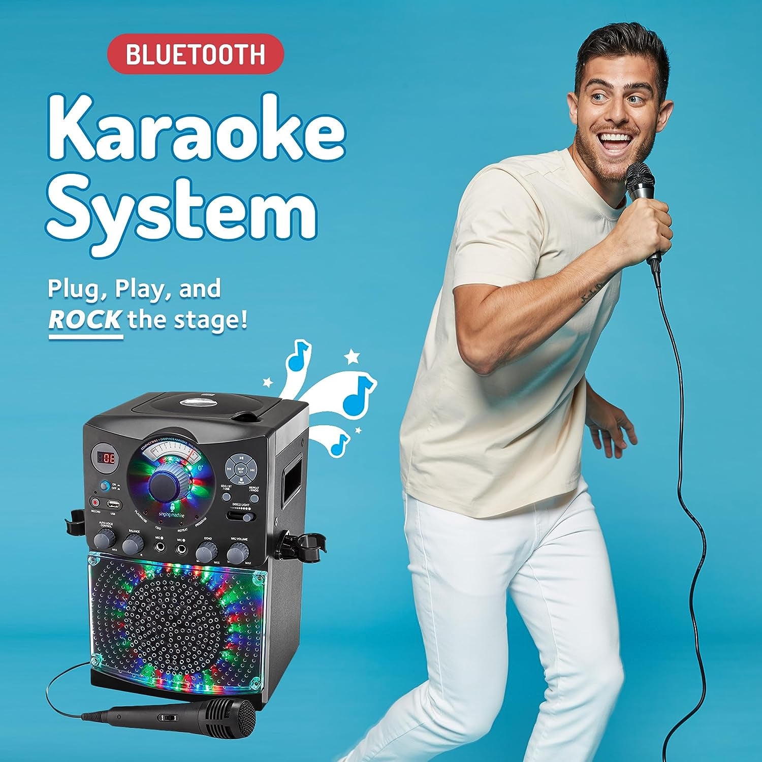 Bluetooth Karaoke System with LED Disco Lights, CD+G, USB, and Microphone, Black