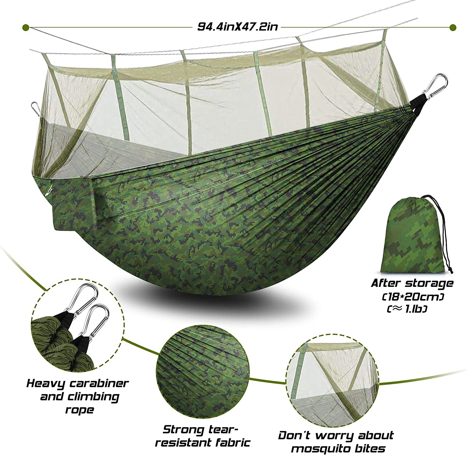 Lightweight Camping Hammock with Mosquito Net - Made from Parachute Fabric, Suitable for Indoor and Outdoor Use, including Camping, Hiking, Backpacking, and Backyard Relaxation.