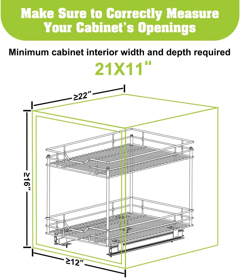 Heavy-Duty 2-Tier Pull-Out Cabinet Drawer Organizer - 21''Dx11''W - Designed for Cabinets with a Minimum 11” Opening, Wire Frame with Chrome Finish