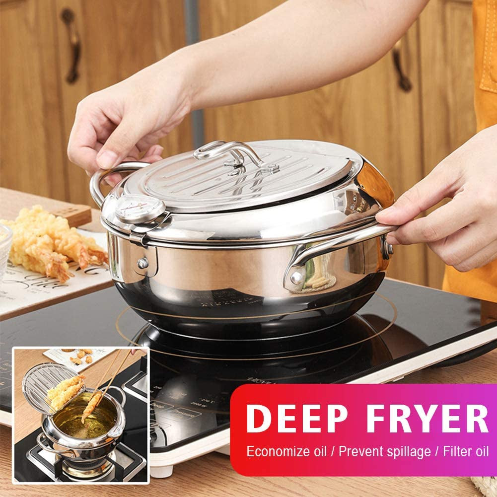 Japanese-Style Tempura Deep Fryer: Stainless Steel Fryer Cooking Pot with Thermometer, Cold-Touch Handle, and Removable Oil Filter Rack - Perfect for Home Kitchen Tempura Cooking