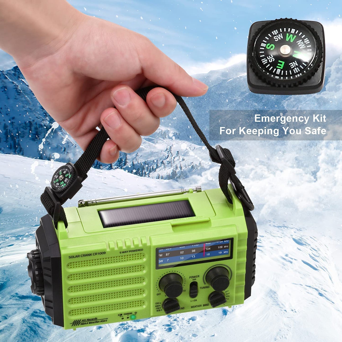 Multi-Powered Emergency Weather Radio with Solar Charging, Hand Crank, and USB Charger - AM/FM/SW/NOAA Radio with SOS Alarm, LED Camping Flashlight/Reading Lamp, Headphone Jack, and Compass