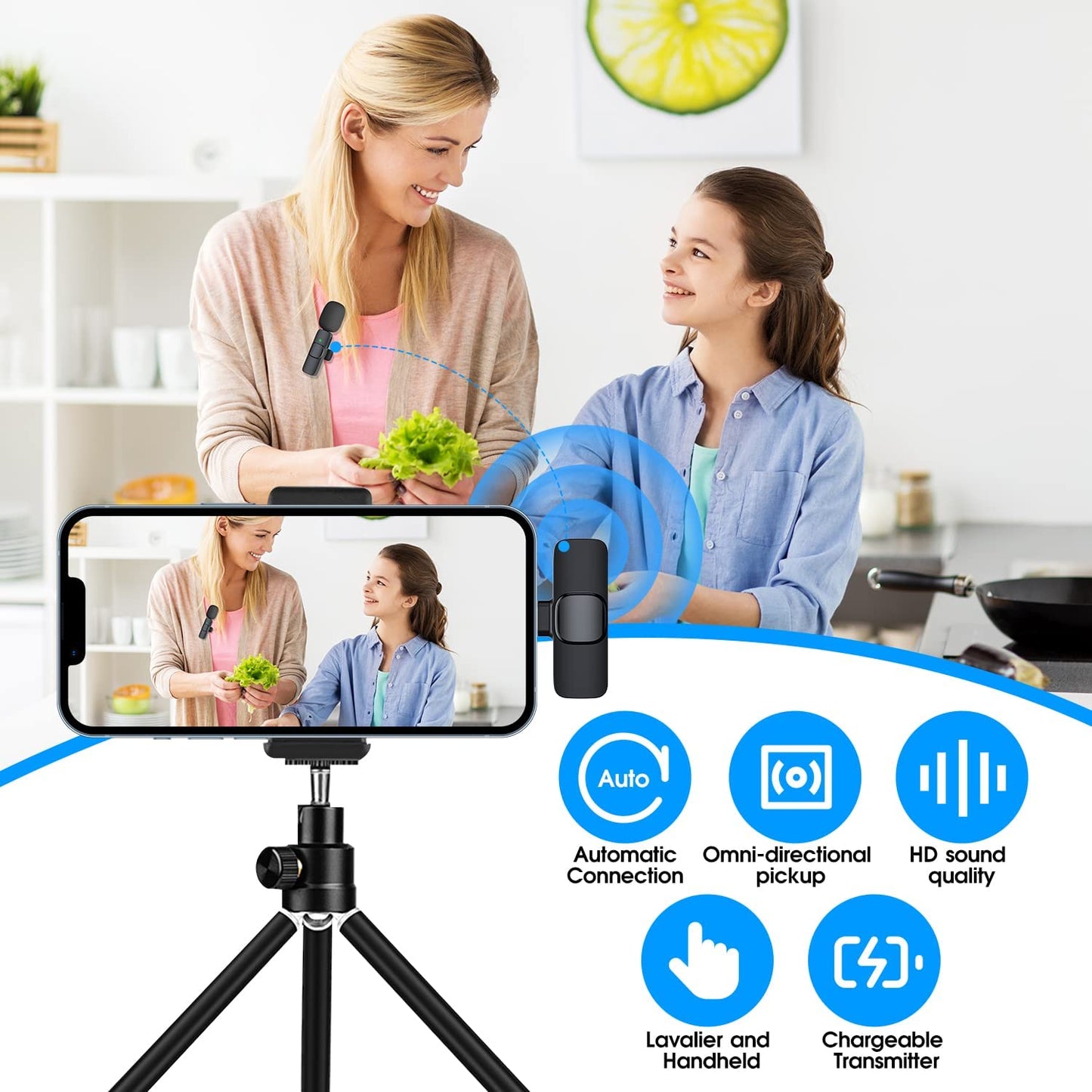 Professional Wireless Lavalier Microphone for iPhone and iPad - Plug-and-Play 2.4G Technology with Ultra-Low Delay and Built-In Noise Reduction Chip. Ideal for Video Recording, Interviews, Podcasting, Vlogging, and YouTube Content Creation.
