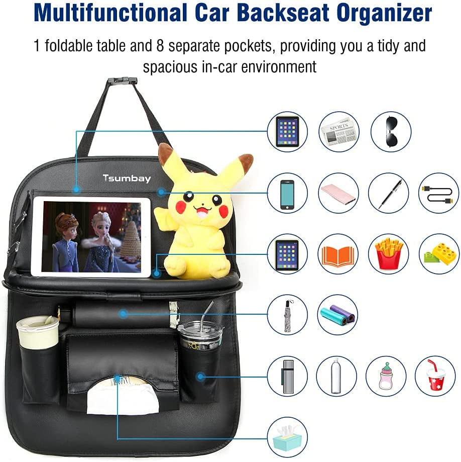 Car Organizer Backseat: Featuring a Foldable Tray Table and 8 Storage Pockets. Made of Waterproof PU Leather, includes Tablet Pocket, Tissue Box, and Car Seat Protector Kids Kick Mat. Multifunctional Car Organizer sold as a 1-Piece set.