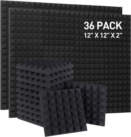 Soundproof Panels - A Set of 36 Pyramid-Shaped Acoustic Foam Panels Measuring 12 x 12 x 2 Inches, Designed for Sound Absorption, Made from High-Density and Fire-Resistant Material, Ideal for Wall Soundproofing, in Black.