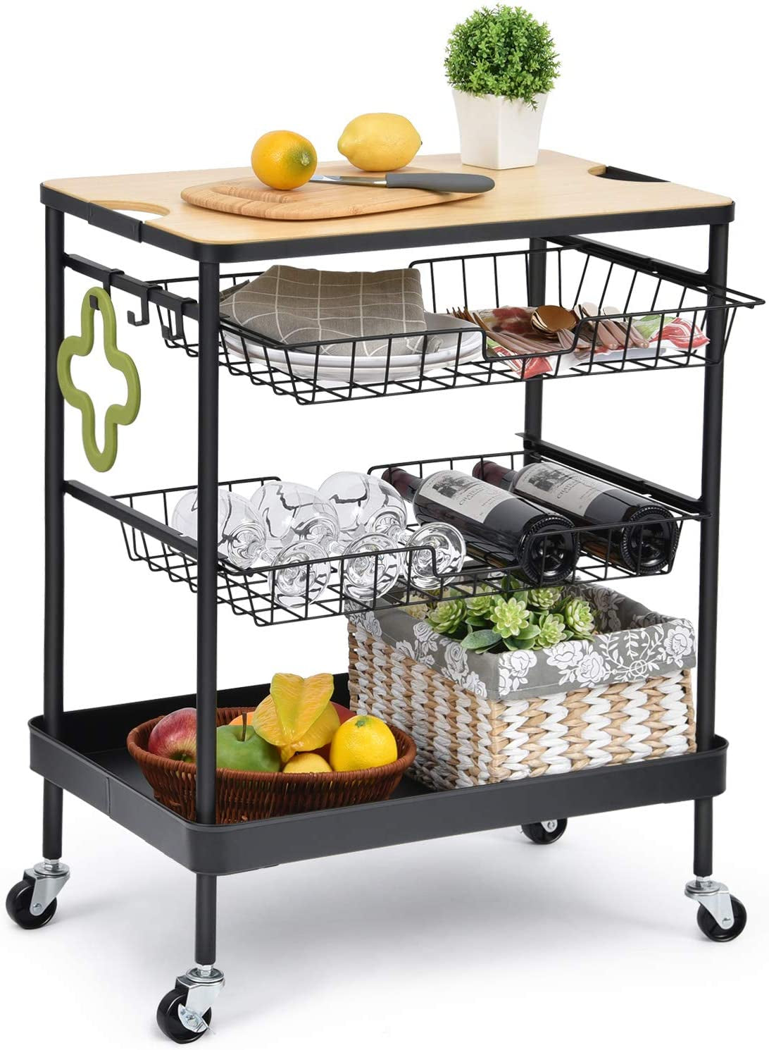 4-Tier Rolling Storage Cart, Kitchen Island Serving Cart: Features Utility Wood Tabletop, 2 Basket Drawers, and Universal Lockable Casters - Ideal for Home, Dining Room, Office, Restaurant, or Hotel Use