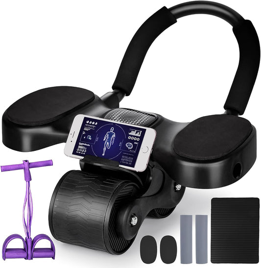 Automatic Rebound Ab Roller with Elbow Support, Tension Rope, Knee Mat, and Foam Grip - Core Strength Trainer for Ab Workouts. Dual Wheel Design.