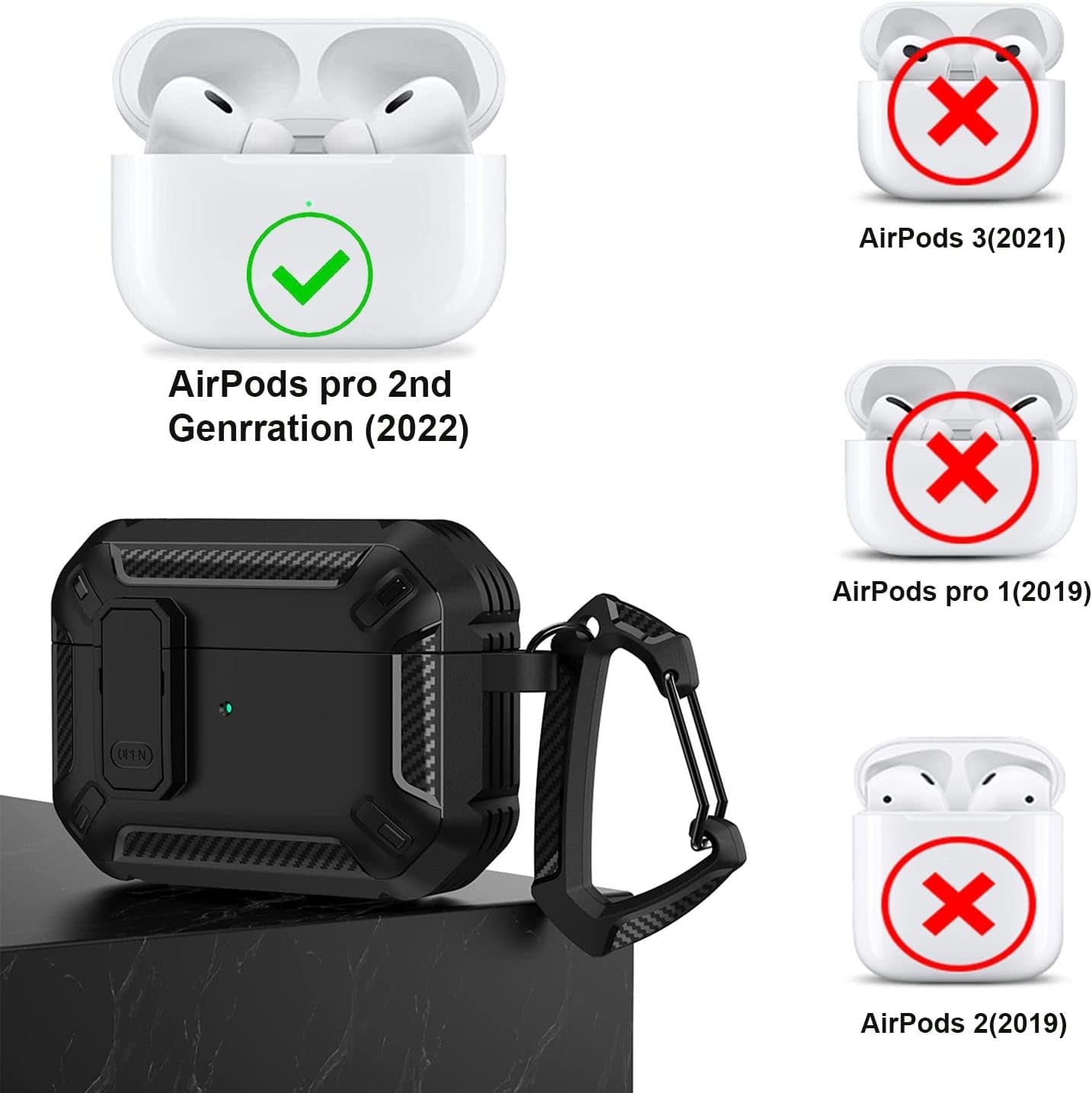 Premium Protective Case for Apple AirPods Pro 2nd Generation - Durable Shockproof Cover with Keychain, Snap Switch, and Magnetic Anti-Loss Strap (Black)