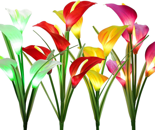 4 Pack Outdoor Solar Flower Lights - 16 LED Solar Powered Garden Stake Lights with Multi-Color Changing Calla Lily Flowers - Waterproof Solar Landscape Lights for Garden, Patio, and Pathway Decoration