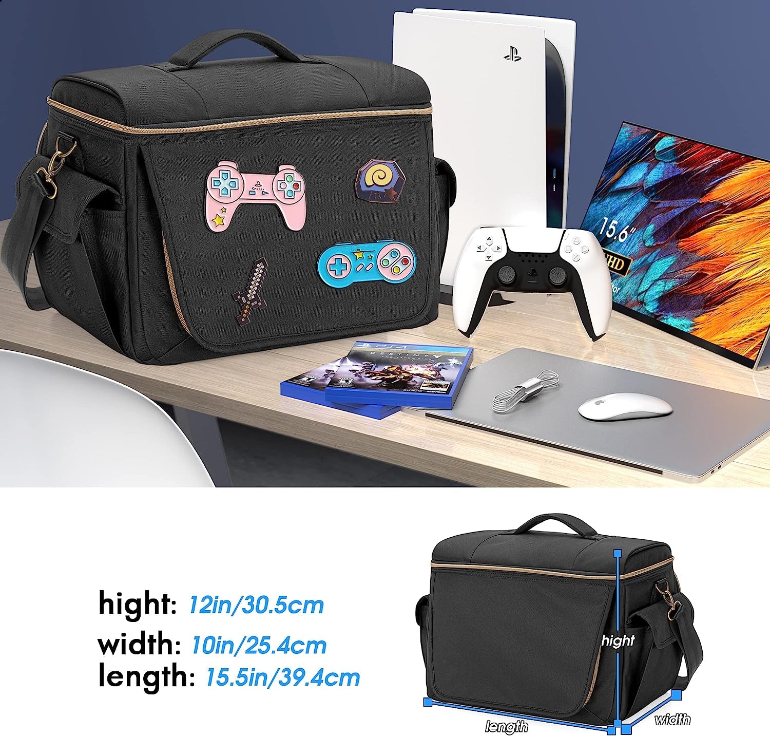 Protective Travel Carry Case Storage: Gaming Console Bag Compatible with PS5, PS4, Xbox One. Features Patented Design. Includes Compartments for Controllers, 15.6" Laptop, Monitor, Headsets, Gaming Discs, Charger, and More Gaming Accessories.