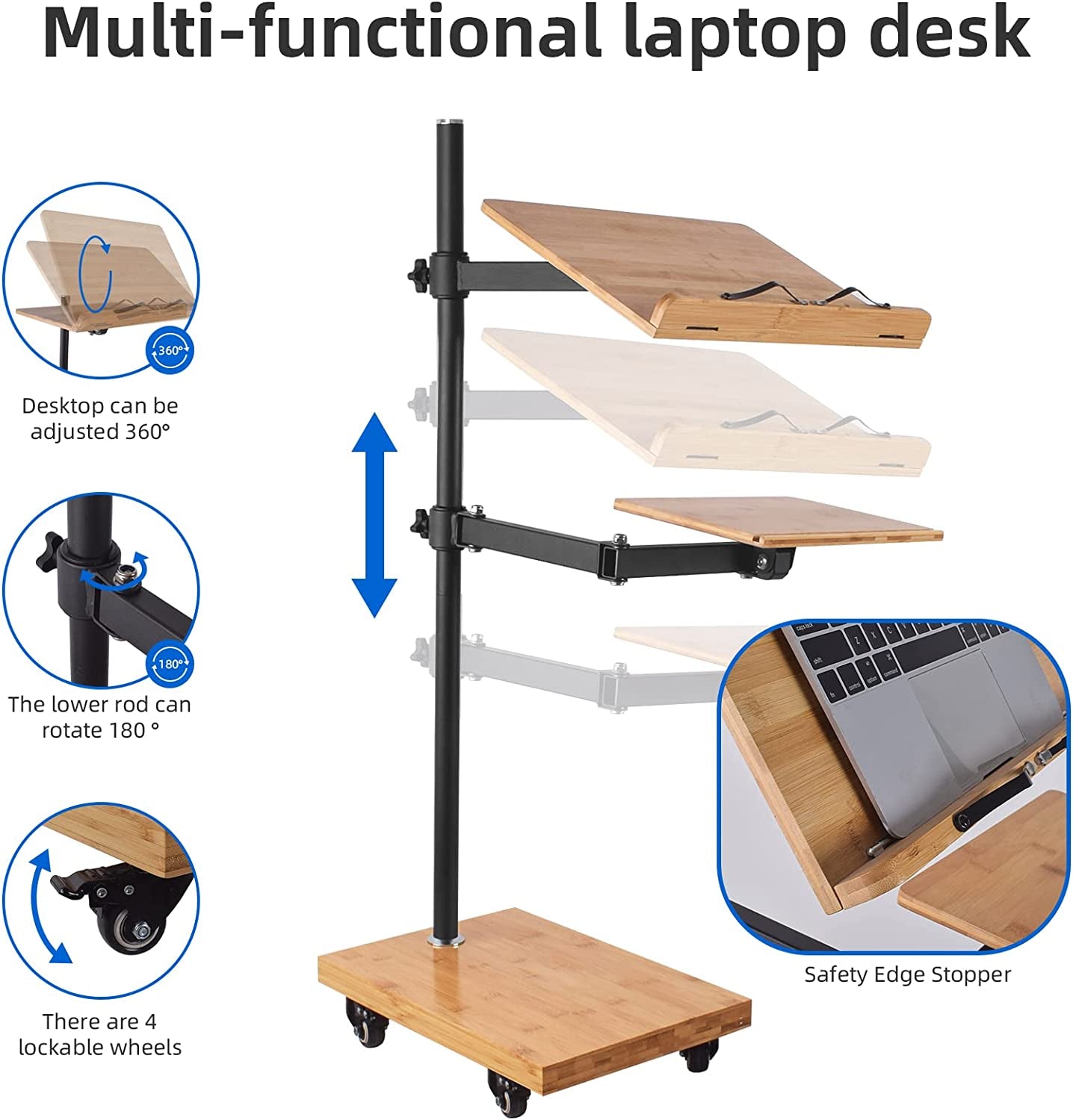 Adjustable Rolling Laptop Stand - Versatile Workstation Desk for Laptops, Tablets, and Art - Suitable for Various Settings - Swing Arm, Stable Base