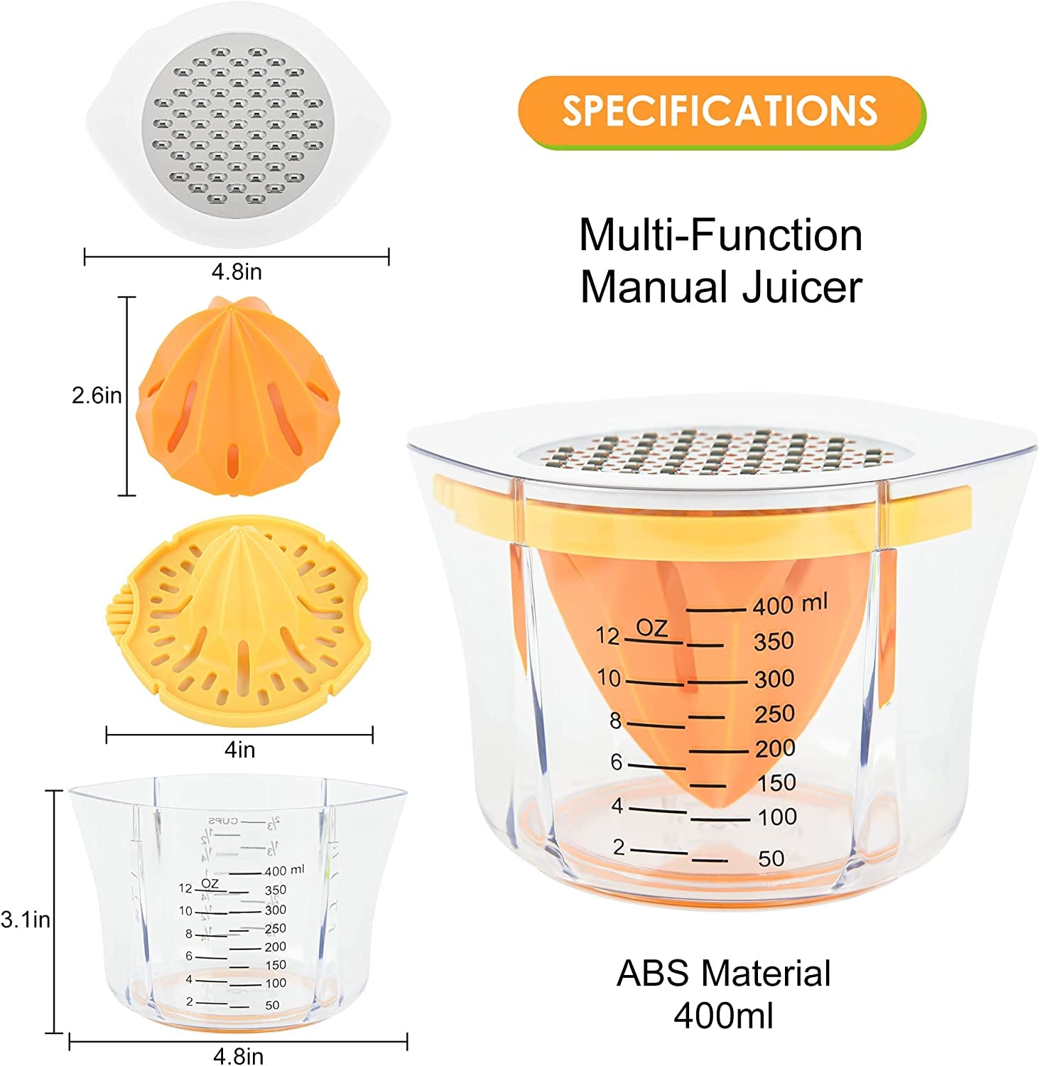 Manual 5-in-1 Lemon Squeezer Citrus Juicer - Hand Juicer for Citrus Fruits like Lemon, Orange, and Lime - Features a Built-in Measuring Cup, Grater, and Strainer, with Included Juicer Cup