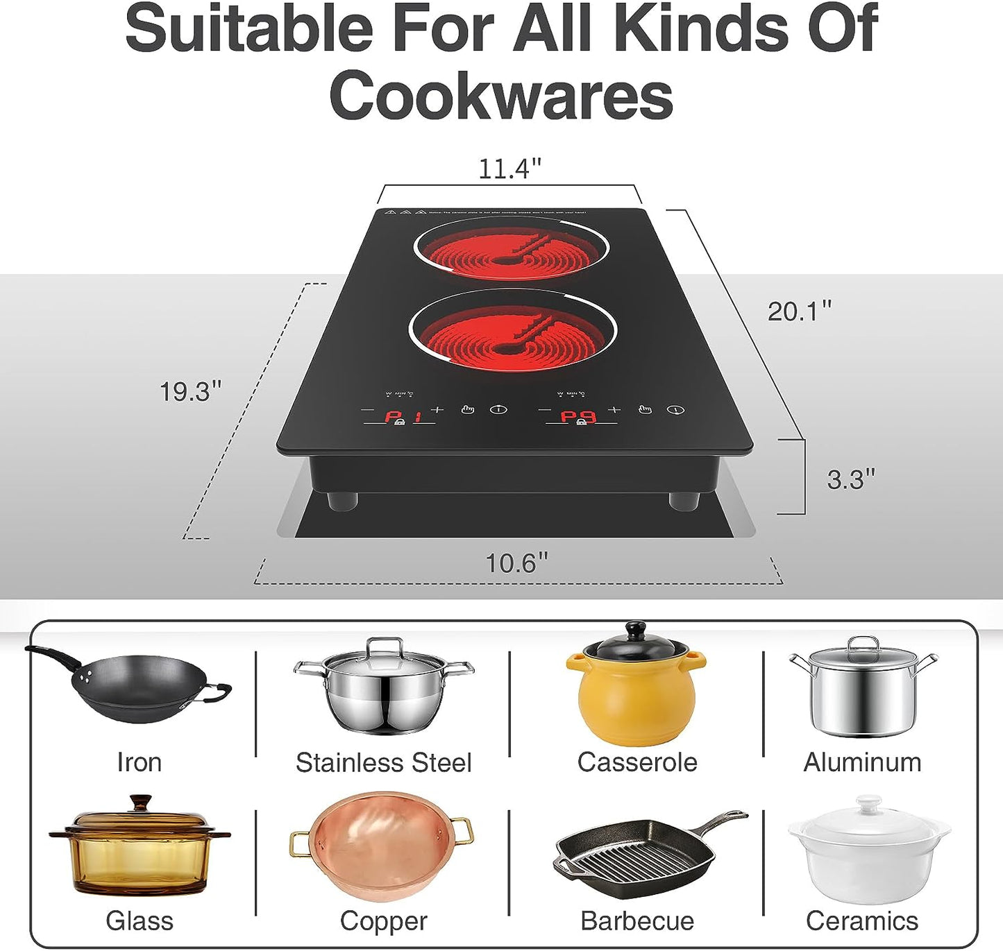 12-Inch Built-in Radiant Electric Stove Top - Electric Ceramic Cooktop with 2 Burners, 110V, 9 Heating Levels, Timer, Kid Safety Lock, and Sensor Touch Control.