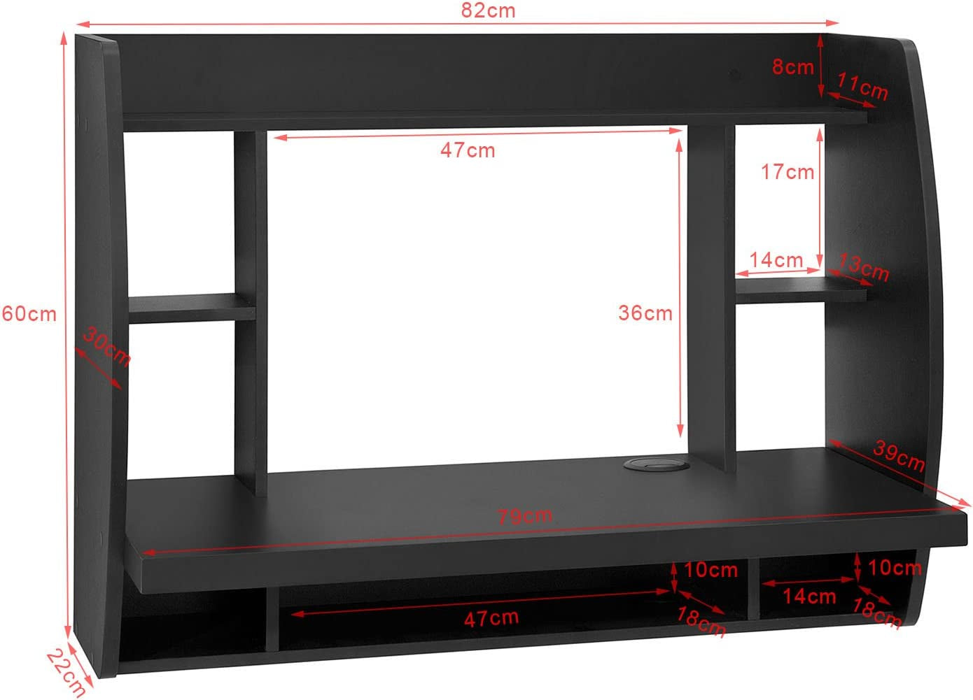 Home Office Workstation Wall-Mounted Table Desk with Storage Shelves and Drawers - Black 