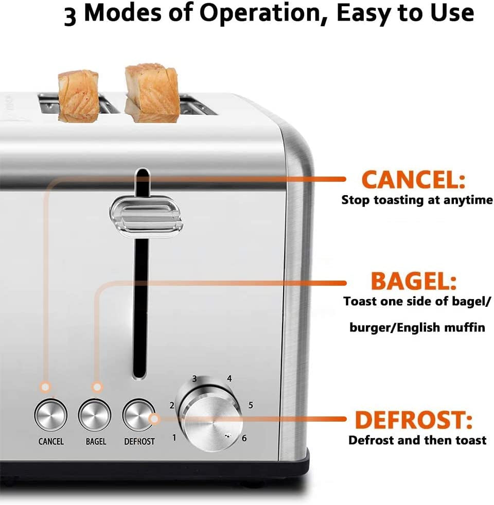 4-Slice Stainless Steel Toaster: With 4 Extra Wide Slots, Bagel/Defrost/Cancel Functions, 6 Shade Settings, and a Removable Crumb Tray.