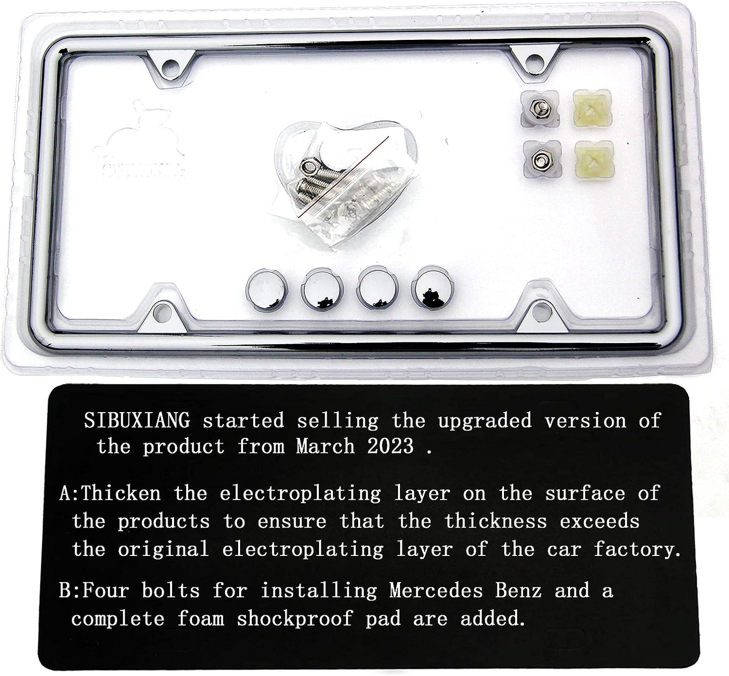 Chromium-Plated License Plate Frame - Made from Zinc Alloy to Prevent Rust, Comes with Stainless Steel Screws and Plastic Caps; 1 Package, Chrome Finish.