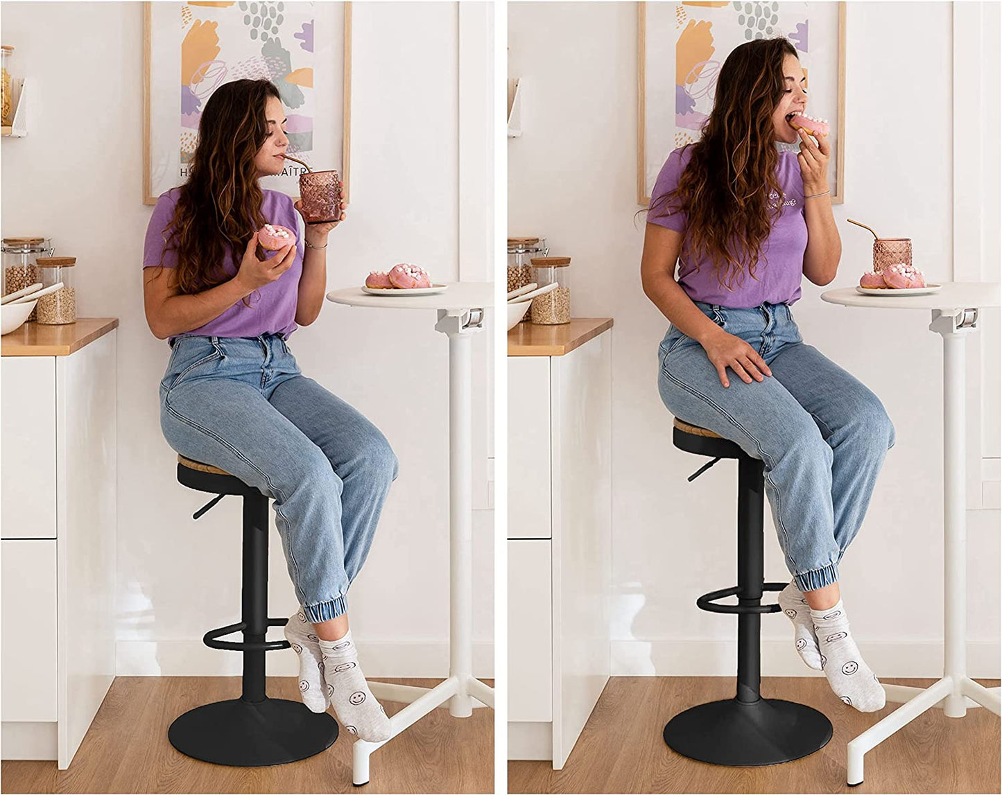 Set of 2 Rustic Wood Black Bar Stools - Adjustable Metal Swivel Bar Chairs with High Top Design, Perfect for Home Kitchen Island or Breakfast Counter Height Seating.