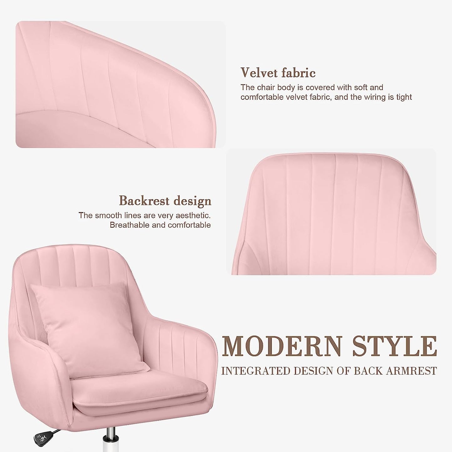 Upholstered Modern Tufted Computer Chair -  Office Chairs, Task Chair Swivel Height Adjustable Velvet Accent Chair with Wheels for Living Room Bedroom (Modern, Pink)