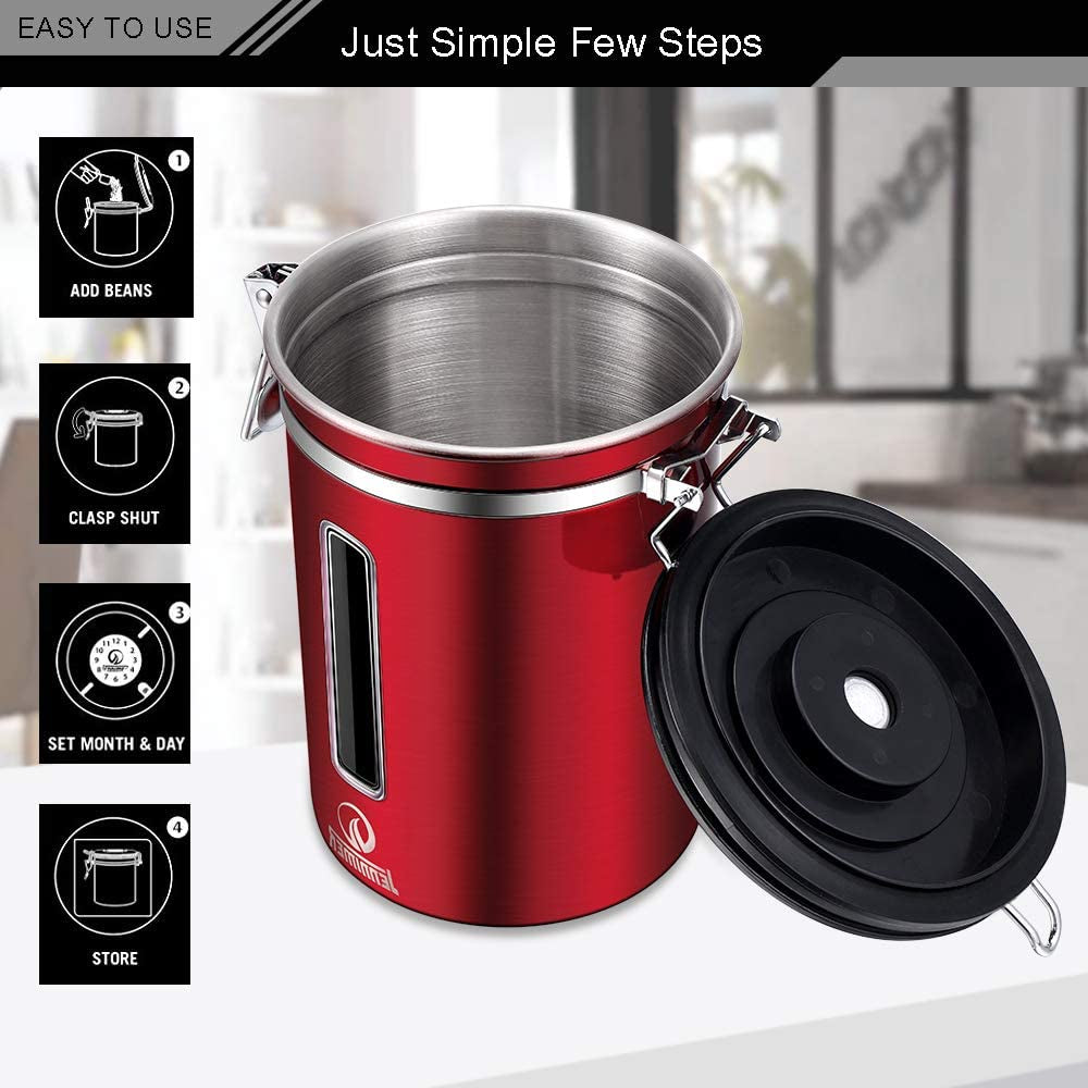 Stainless Steel Large Coffee Canister - Airtight Coffee Storage Container with Transparent Window, Date Tracker, CO2-Release Valve, and Measuring Scoop - Ensures Freshness for Your Coffee - Red Color