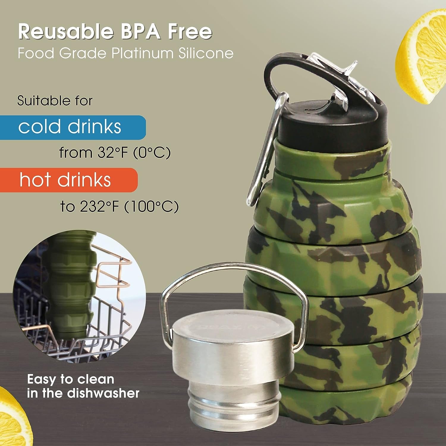 20 oz Camo Collapsible Water Bottle with 2 Lids, Carabiner, and Box - Ideal for Hiking, Camping, and as a Gift for Men - Portable Army Military-style Gym Bottle.