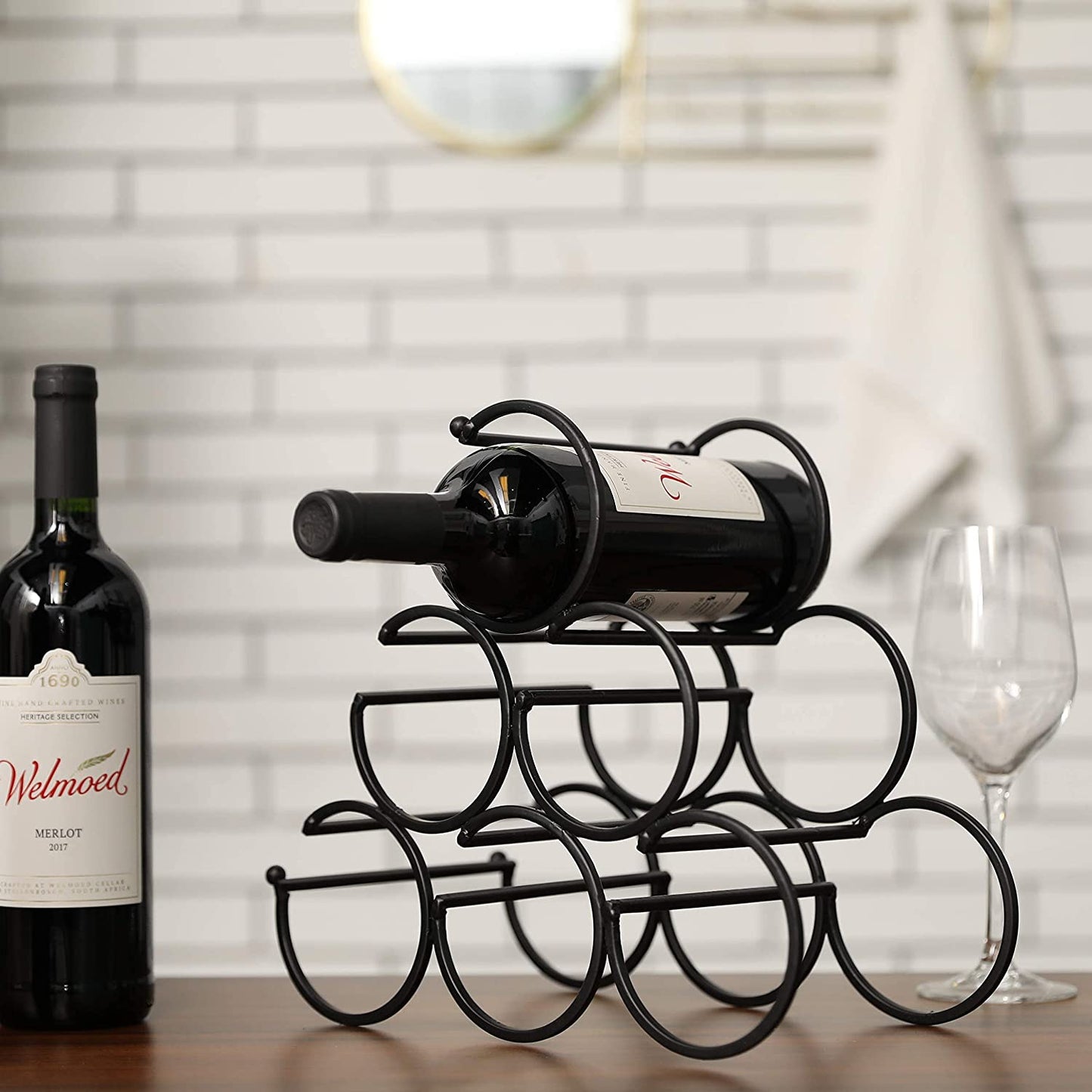 Tabletop Wine Rack: Rustic Iron Design, Holds 6 Bottles, 11.6x6.2x11 inches.