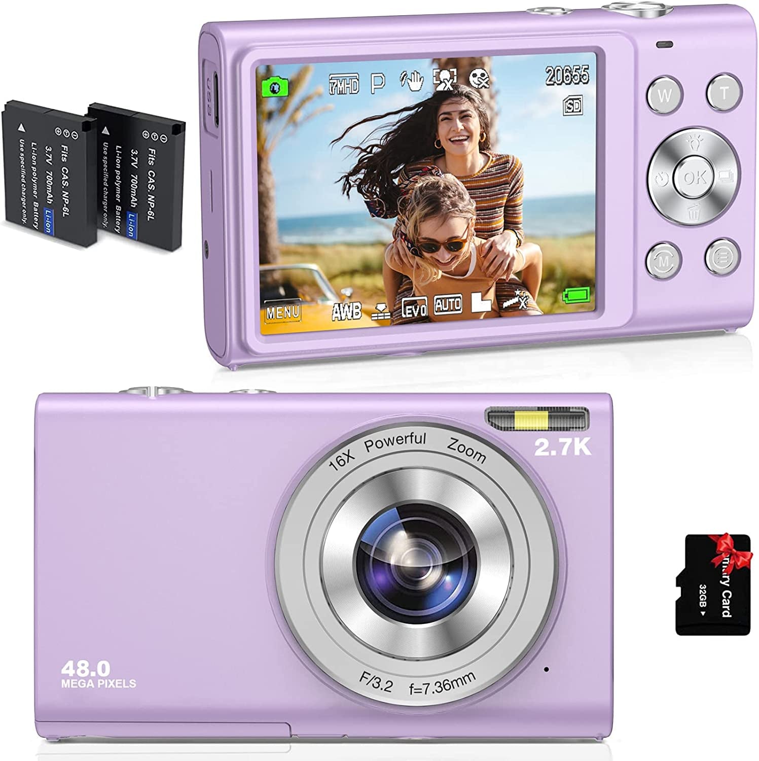 Compact Digital Camera with Auto Focus, 2.7K Vlogging Camera, HD 48MP, 16X Digital Zoom, 32GB Memory Card, 2 Batteries, Portable for YouTube, Ideal for Kids, Teens, Adults, and Beginners