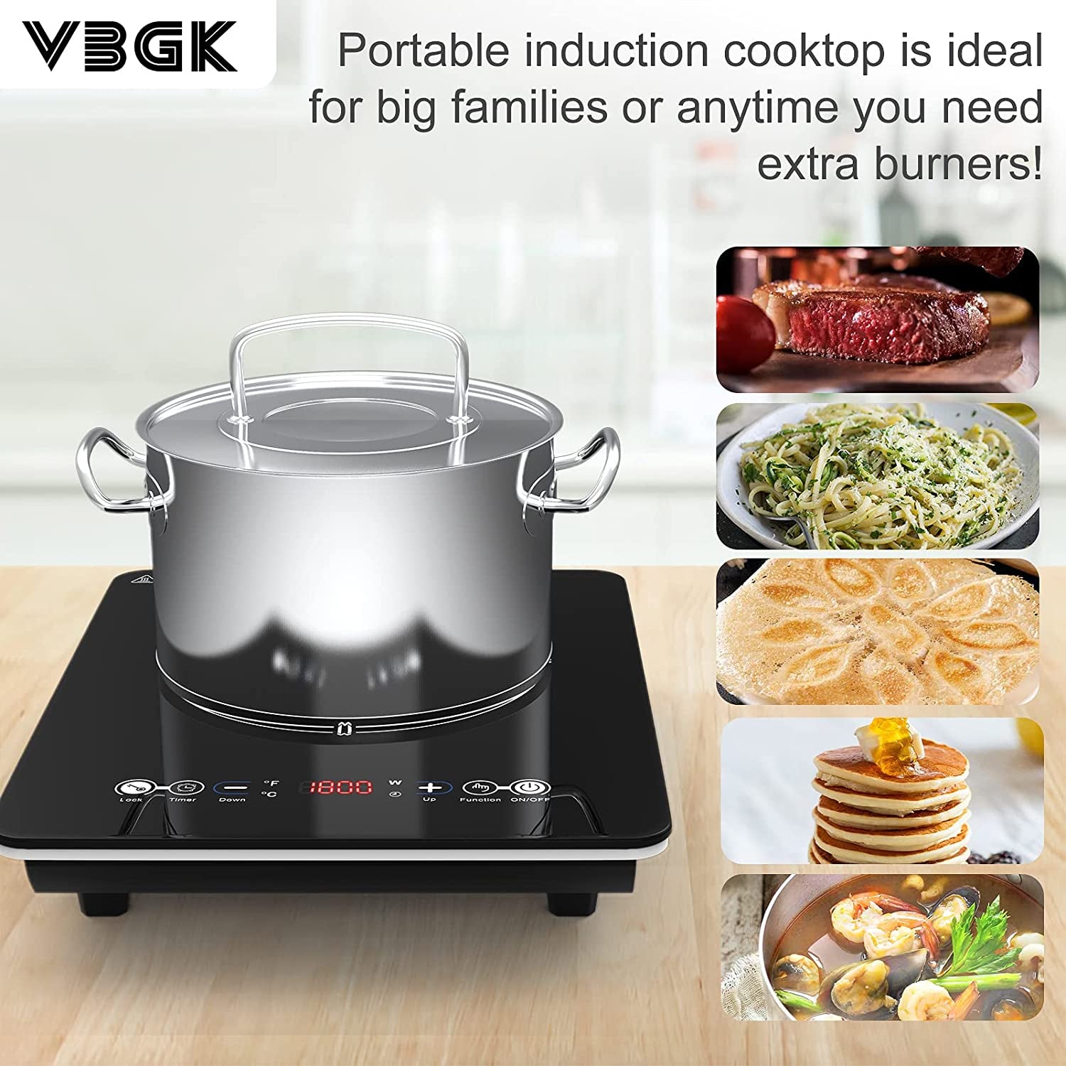 1800W Portable Induction Cooktop - Single Countertop Electric Cooktop with 9 Temperature & Power Levels, 3-Hour Timer, Safety Lock, Ultra-Thin Design, and Low Noise Operation.