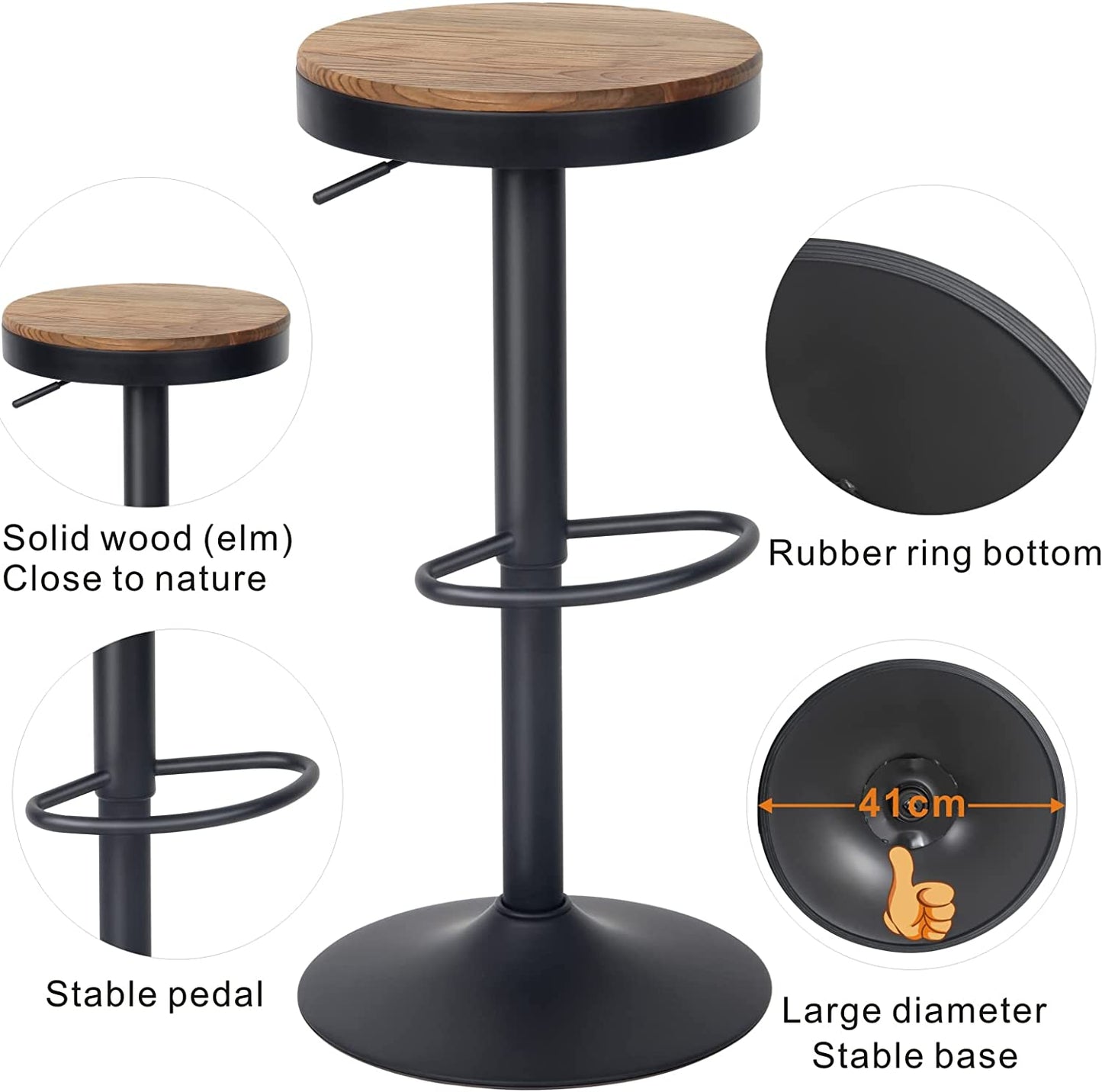 Set of 2 Rustic Wood Black Bar Stools - Adjustable Metal Swivel Bar Chairs with High Top Design, Perfect for Home Kitchen Island or Breakfast Counter Height Seating.