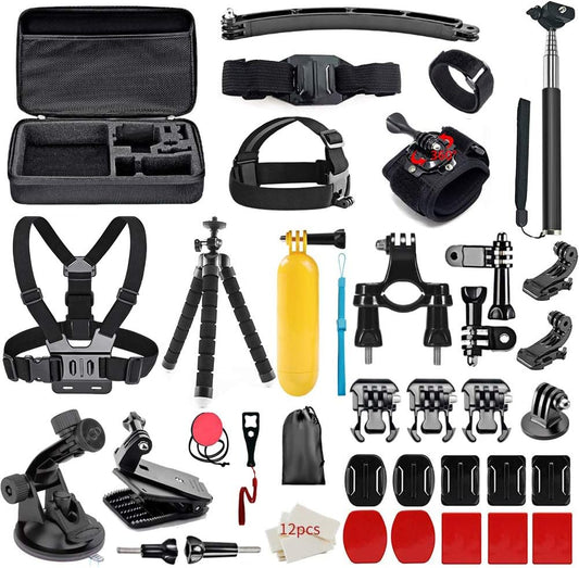 50-in-1 Outdoor Sports Camera Accessories Kit for GoPro Hero 10 9 8 7 6 5 4 Fusion AKASO EK7000 APEMAN Campark - Complete Accessory Bundle Kit with Carry Case, Phone Holder, Charging Base, Tripod, Car Suction Cup, Bicycle Bracket, and More