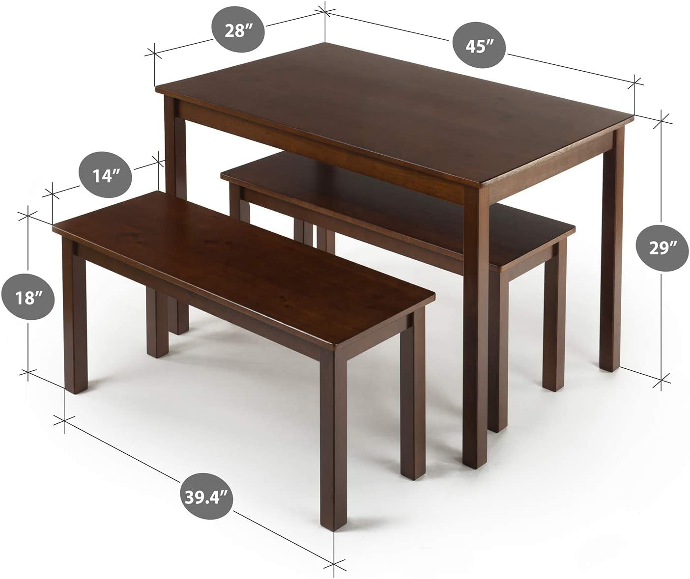 Espresso Wood Dining Table Set with Two Benches - 3 Piece Set