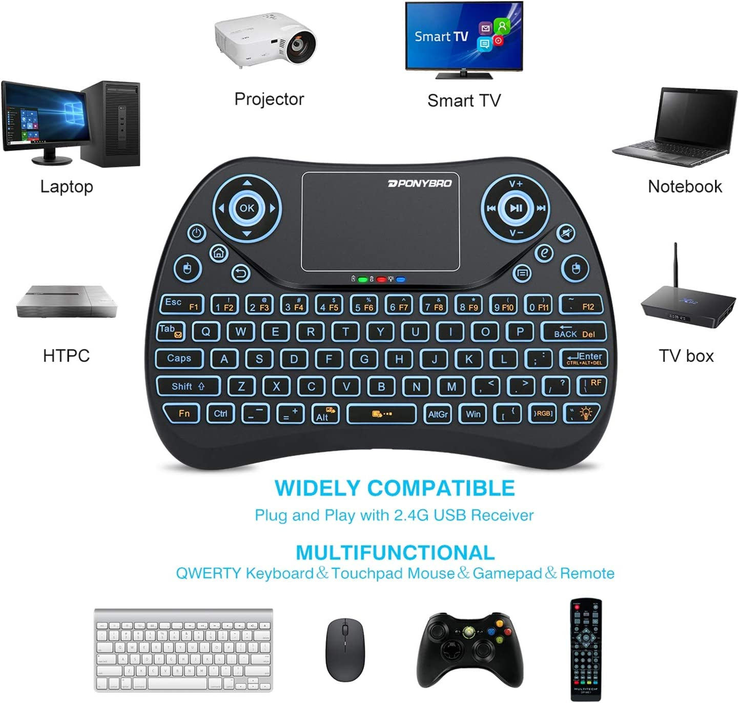 Backlit Mini Wireless Keyboard with Touchpad Mouse Combo. QWERTY Keypad, Rechargeable Handheld Keyboard Remote for Smart TV, Android TV Box, Xbox, Raspberry Pi, PC.