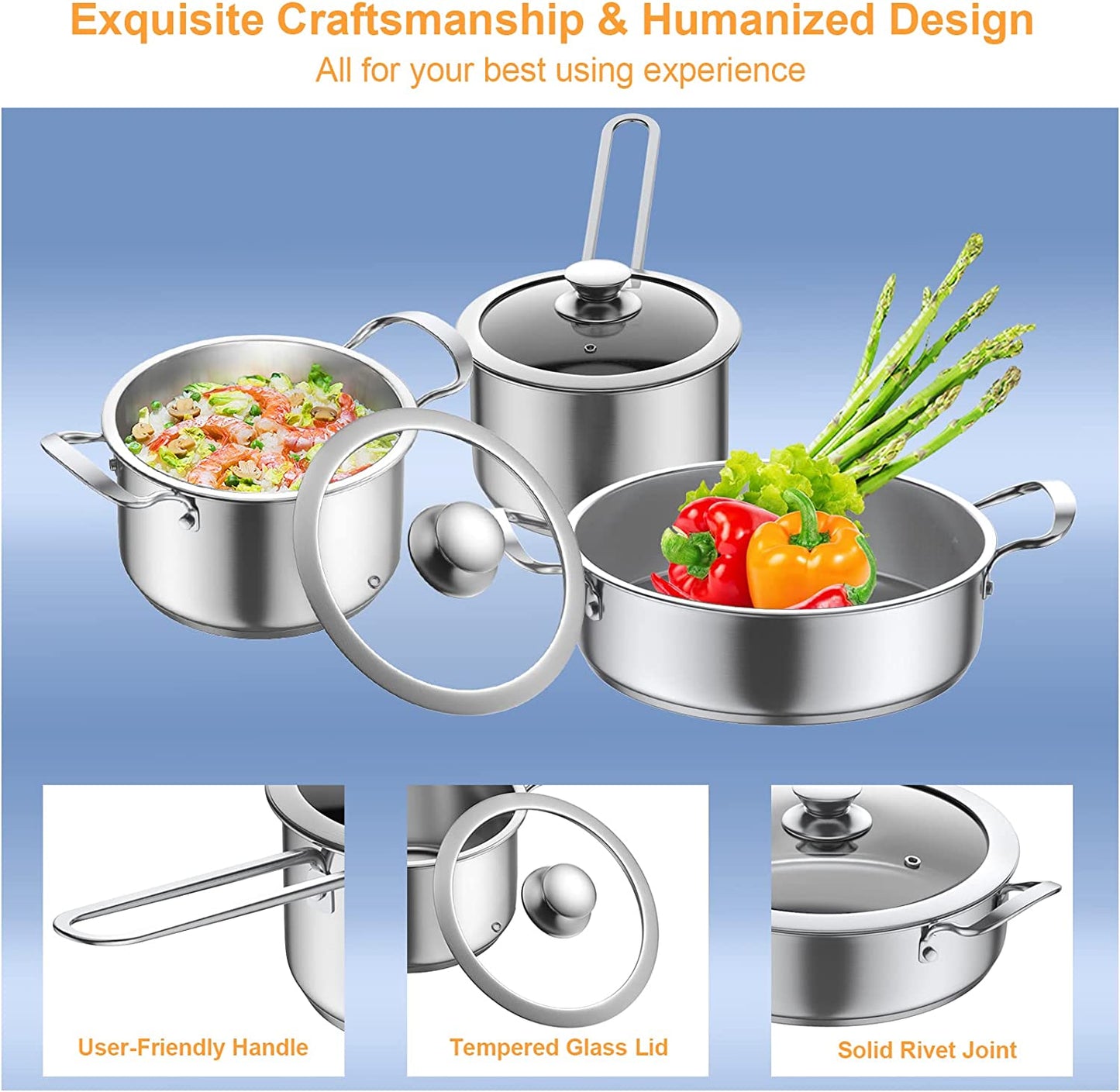 7-Piece Stainless Steel Cookware Set | Premium Heavy-Duty Pots and Pans | High-Quality Clad Pan and Pot Cook Sets | Compatible with All Kitchen Surfaces, Induction, and Oven Safe | Free from PFOA, PTFE, and PFOS