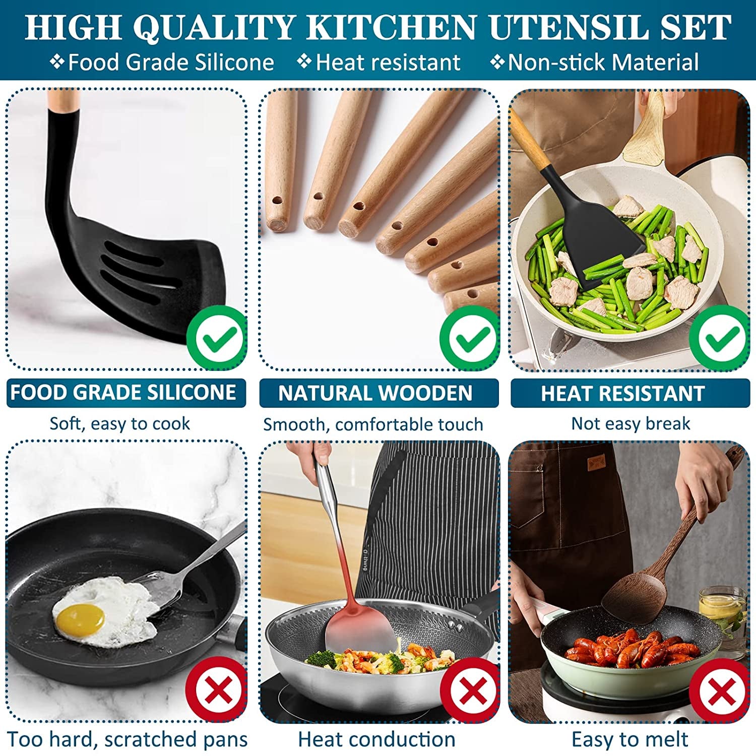 43-Piece Silicone Cooking Utensils Set - Non-Stick and Heat Resistant Kitchen Utensils Spatula Set with Wooden Handles, Ideal for Baking, Cooking, and Mixing; Complete with Holder, Black Color.