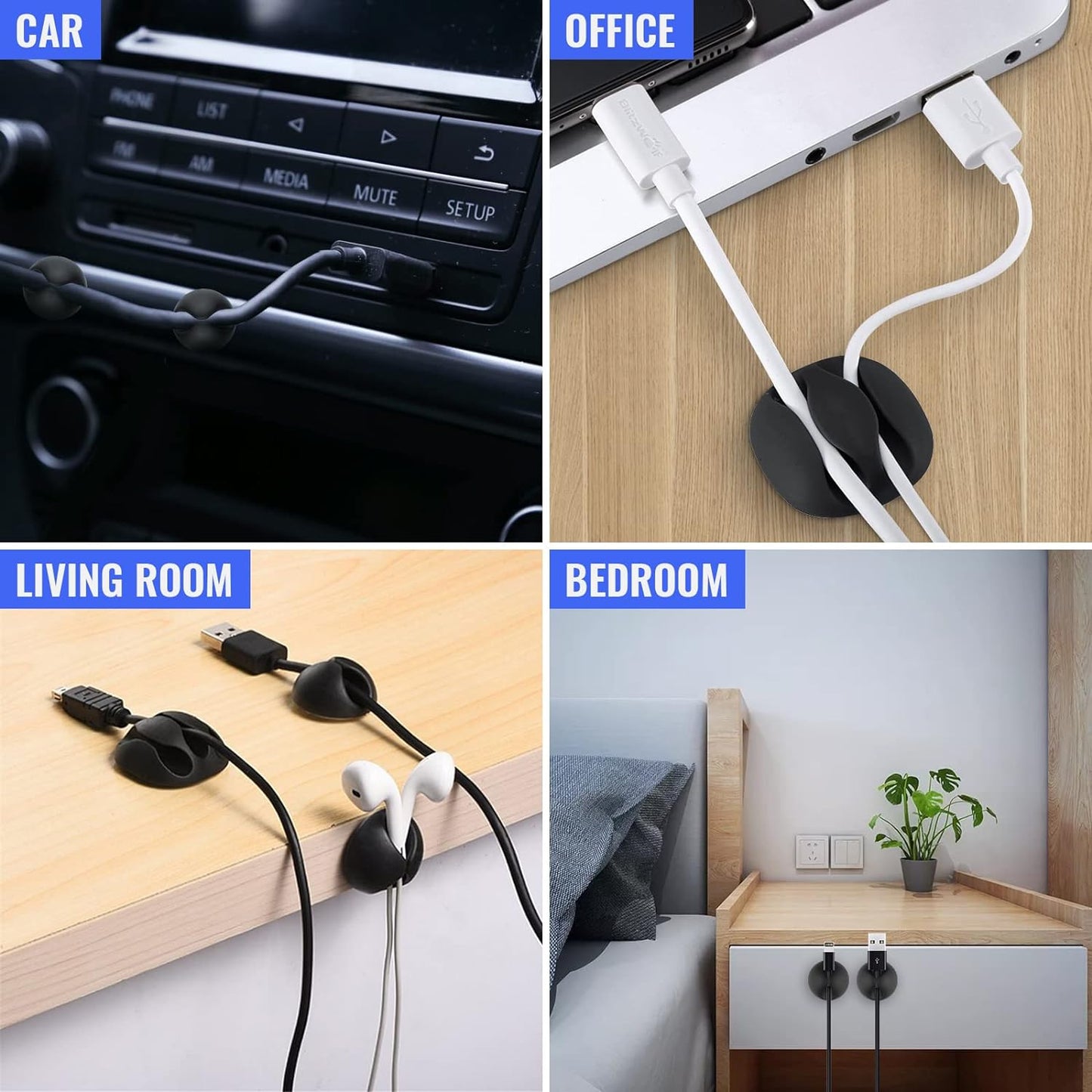 Cable Clips 16 Pack - Self Adhesive Cord Organizer for USB Charging Cables, Power Cord, Mouse Cables, Headphone Cords - Wire Management Solution (Black)