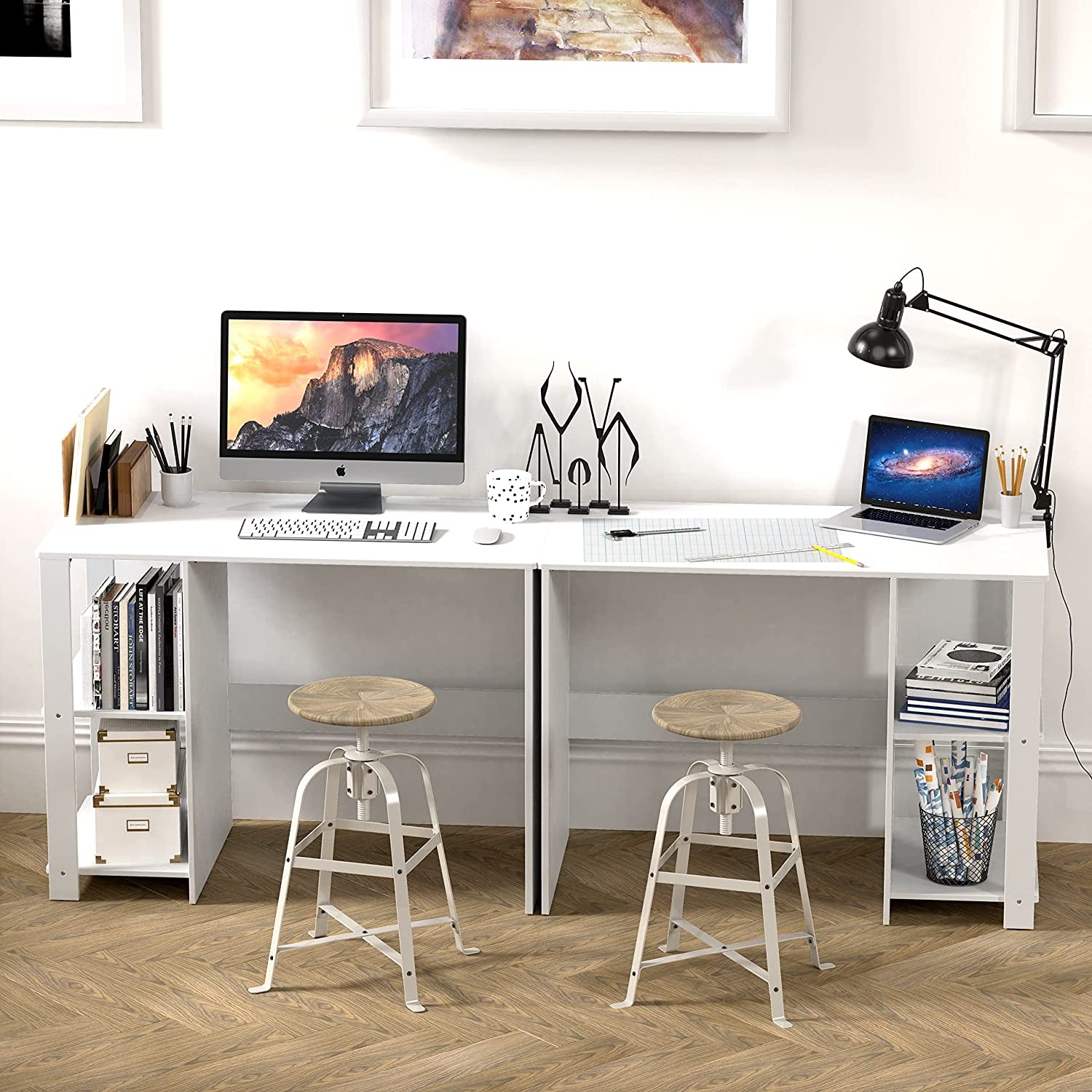 Home Office Computer Desk with Storage Shelves in White