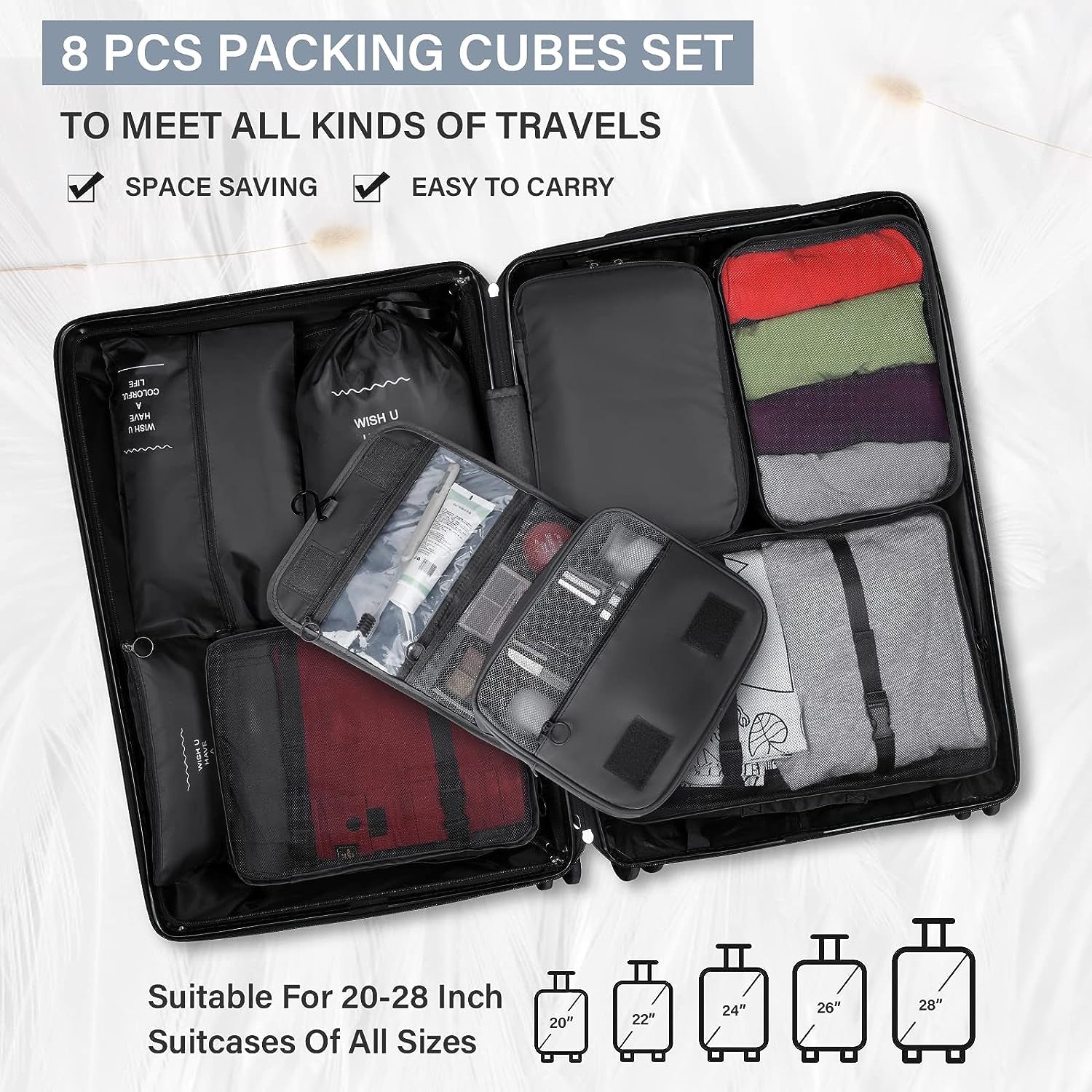 Set of 8 Waterproof Travel Organizer Packing Cubes - Foldable Compression Cubes for Carry-On Luggage - Includes Hanging Toiletry Bag, Shoe Bag, and Laundry Bag - Color: Black