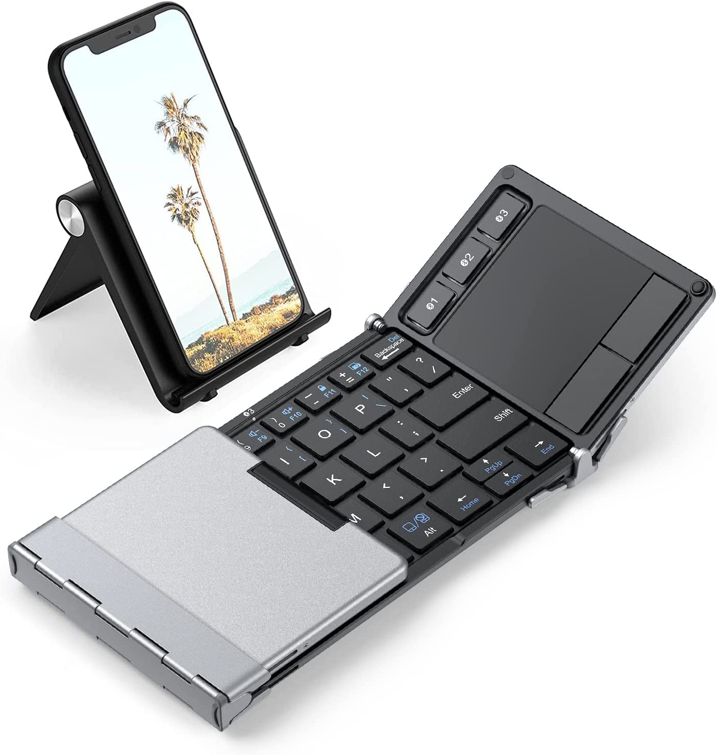 Bluetooth Keyboard with Touchpad - Multi-Device Sync, Portable Tri-Fold Design, Compatible with iPad, Mac, iPhone, Android, Windows, and iOS - Silver