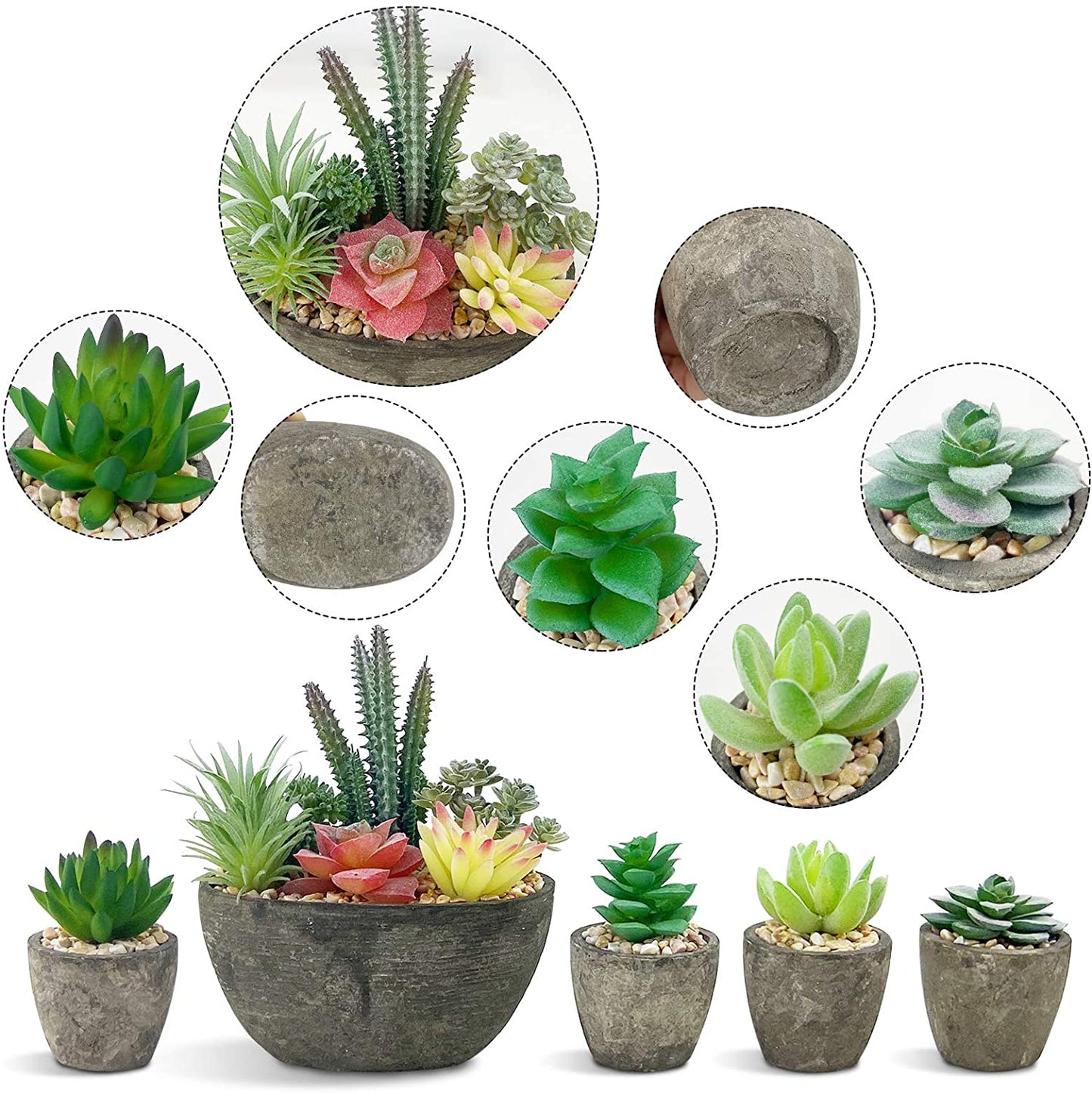 Set of 5 Artificial Succulent Plants with Realistic Appearance and Cement-like Pots for Elegant Home and Office Decoration