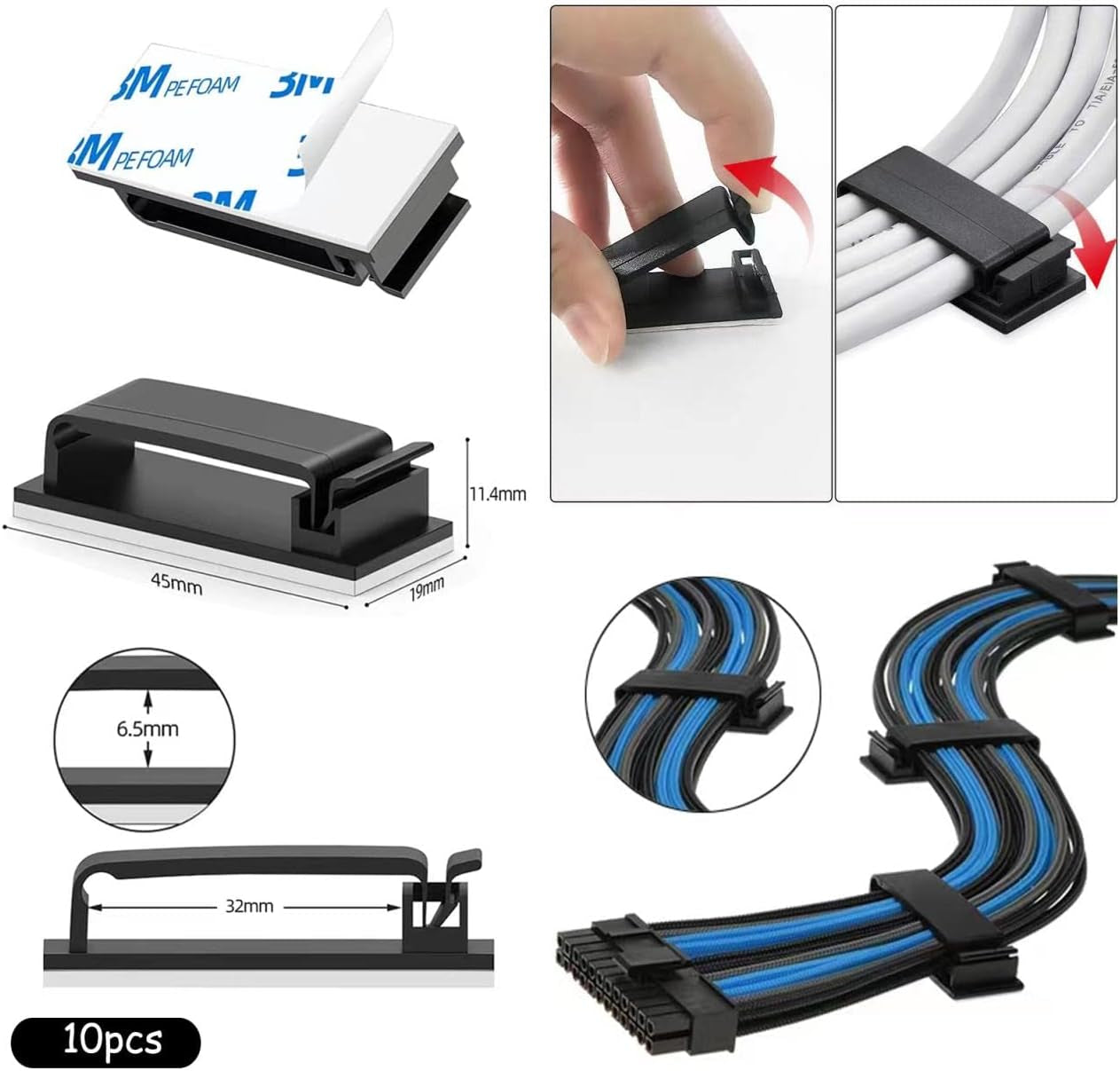 Cable Management Kit: 184-Piece Cord Organizer Set, including 40 Adhesive Cable Clips Holders, 4 Cable Sleeves, 100 Zip Ties, 50 Reusable Fastening Cable Ties, and 1 Cable Tie Roll. Ideal for Organizing Office Desk Electronics and Cables.