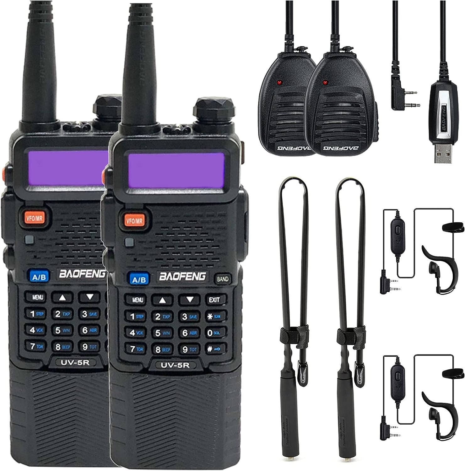 UV-5R Ham Radio Walkie Talkies - A Set of 2 Long Range Two-Way Radios equipped with a 3800mAh Li-ion Battery. Includes Tactical Antenna, Hand Mic, and One Cable.