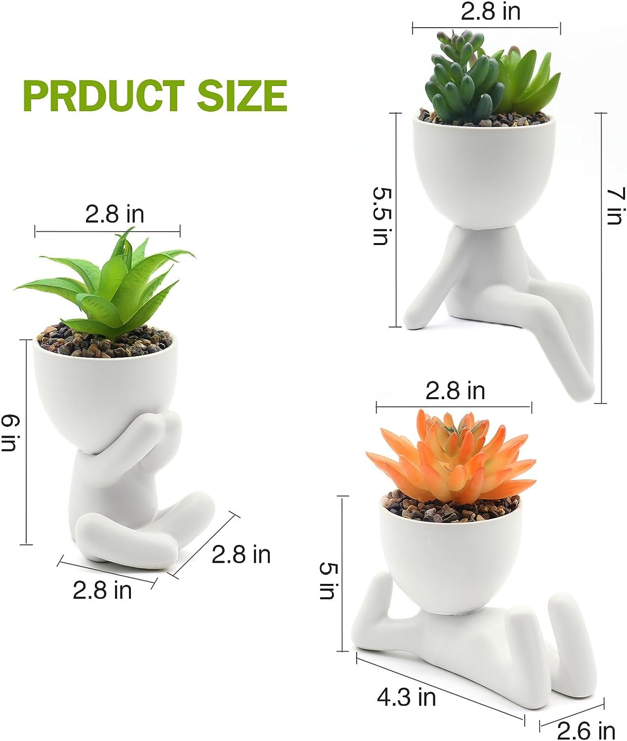 Set of 3 Artificial Succulent Plants in Ceramic Pots - Cute Human-Shaped Faux Succulents, Perfect for Desk, Shelves, Bathroom, Living Room, and Office Decoration in White.