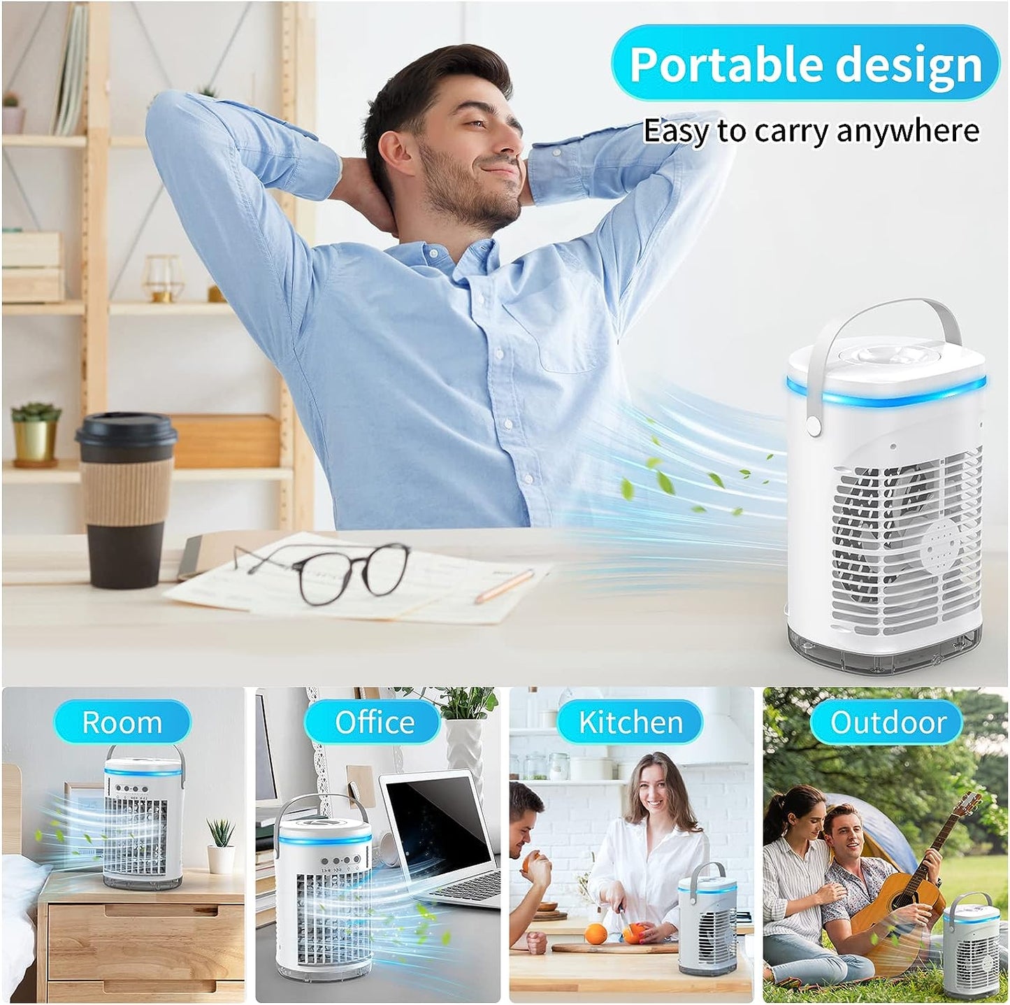 Versatile Portable Air Cooler Fan: Enjoy 3 Wind Speeds, 2 Misting Modes, and LED Light for Your Home, Office, or Bedroom - 1400ML Air Conditioner Fan in Blue and White