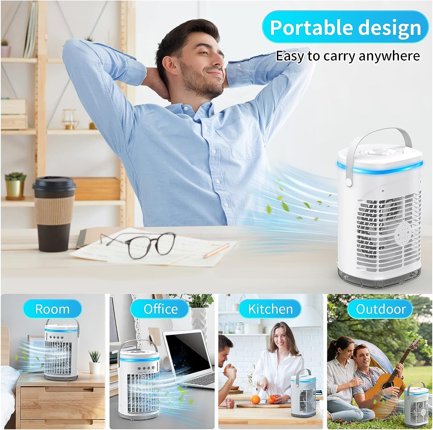 Versatile Portable Air Cooler Fan: Enjoy 3 Wind Speeds, 2 Misting Modes, and LED Light for Your Home, Office, or Bedroom - 1400ML Air Conditioner Fan in Blue and White